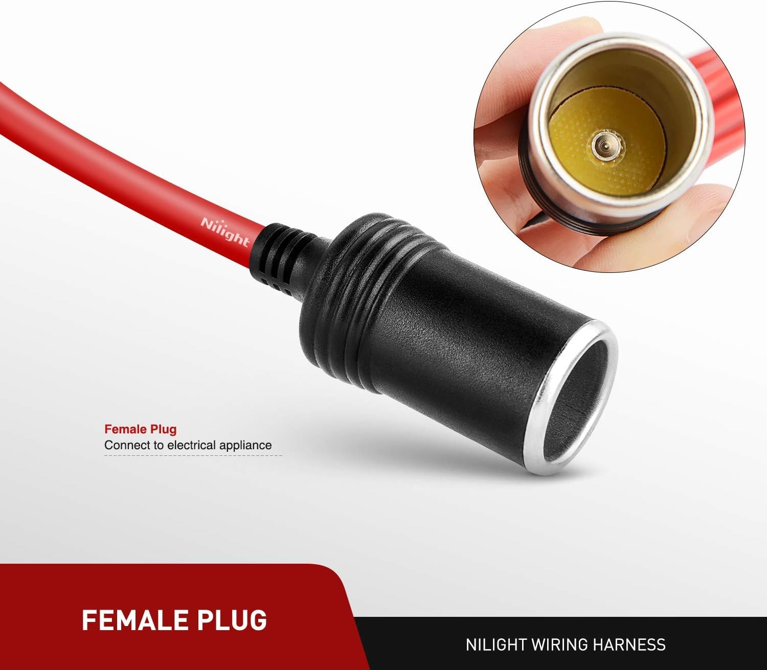 Nilight 10003W 14 Ft Male-To-Female Extension Cord Cable Heavy Duty 12V/24V Car Charger with Cigarette Lighter Socket,2 Years Warranty, Red image number 2