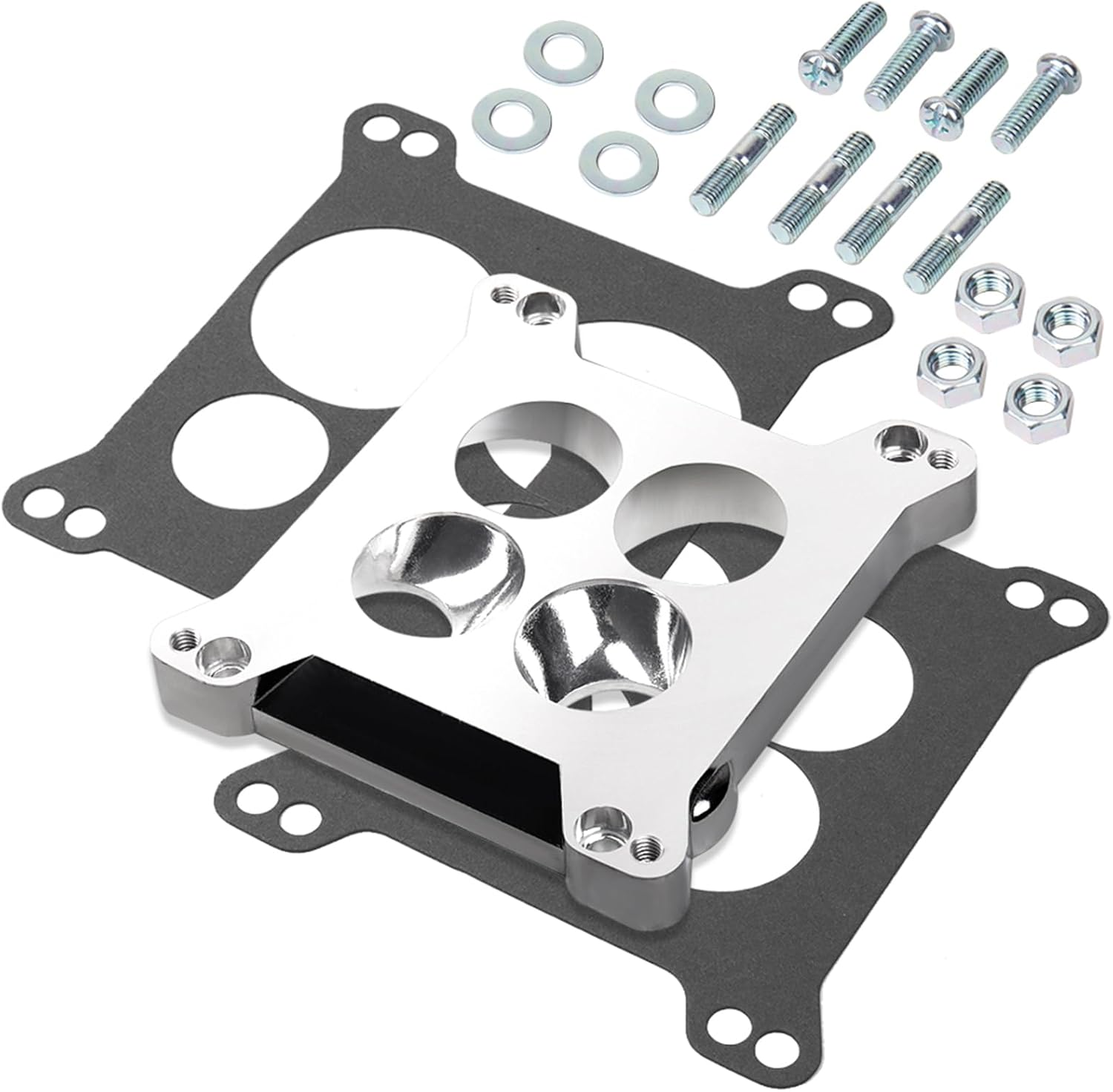 Edelbrock Carburetor Adapter 2696, Aluminum Carburetor Carb Spacer Plate 0.85 Inch, Square Bore to Spread Bore Carburetor Adapters Kits for Stock Quadrajet & Thermo-Quad Manifold with Flange Gaskets image number 6