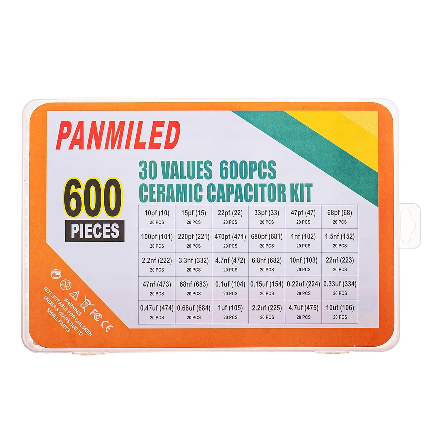 PANMILED 30 Values 600 Pieces Ceramic Capacitor 10PF to 680PF and 1NF to 680NF and 1UF to 10UF Multilayer Monolithic Ceramic Capacitor Assortment Kit