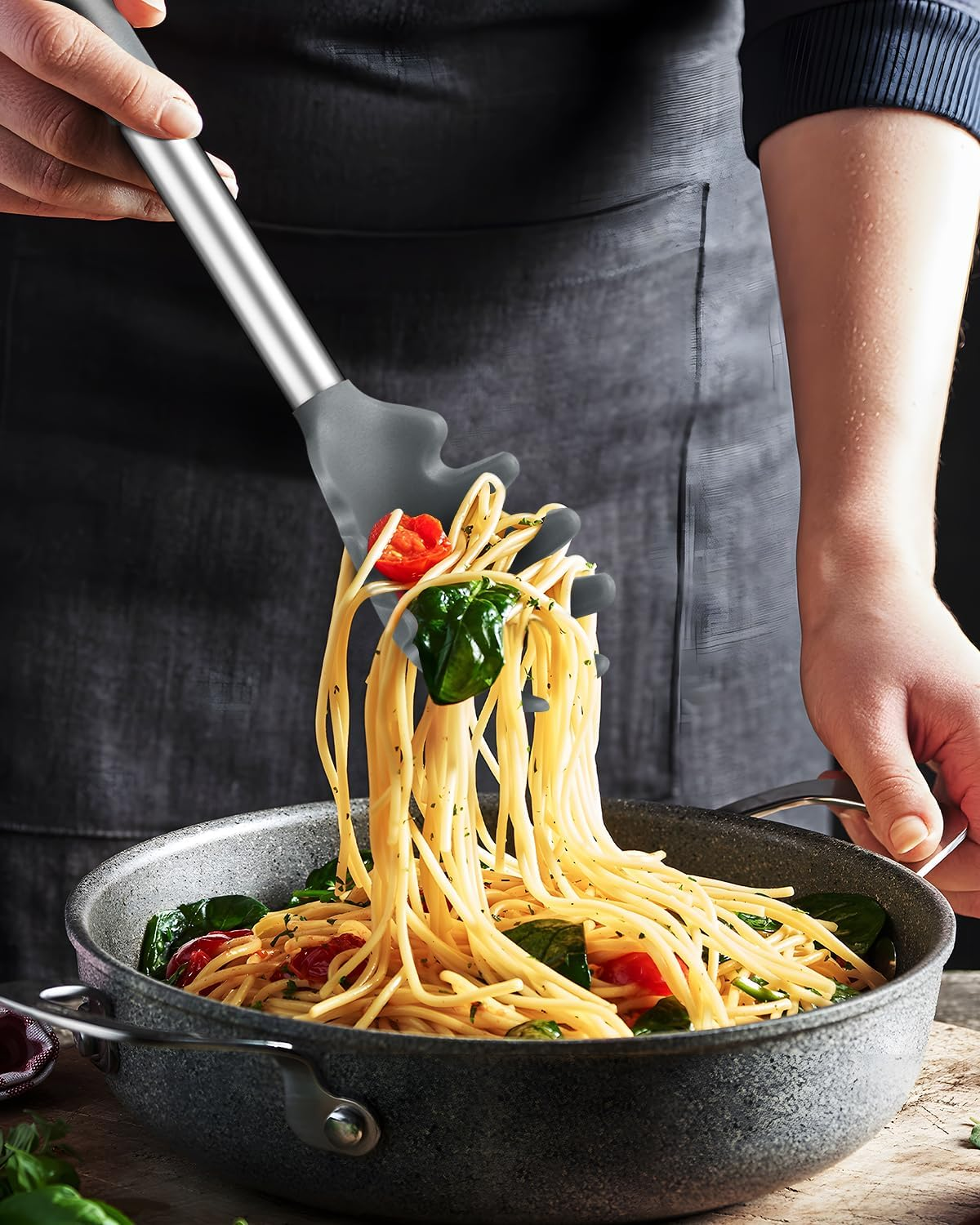 Spaghetti Spoon and Pasta Tong, Non-Stick Silicone Spoon Server Fork with Teeth and Stainless Steel Handle, Food Clip for Noodles (Grey) - Khaki image number 5