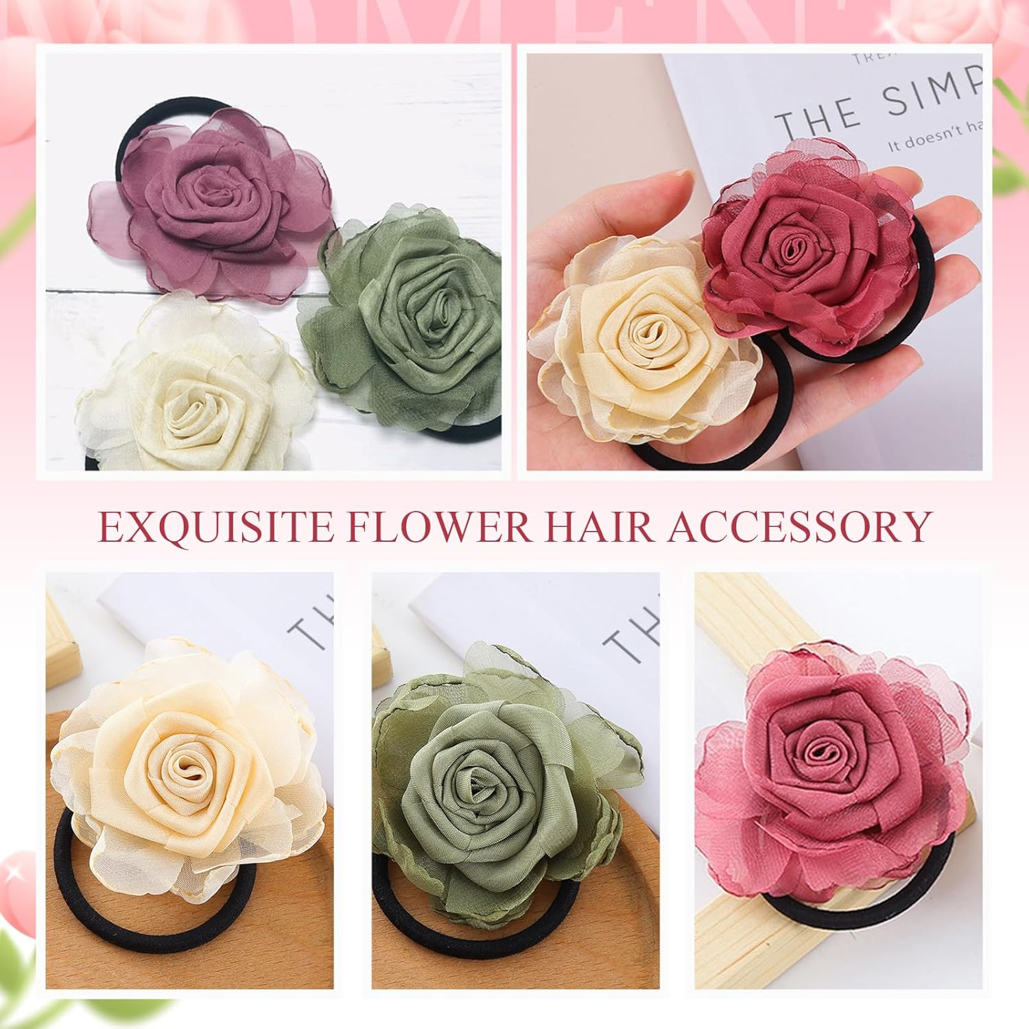 3PCS Handmade Rose Hair Ties Stretchy Floral Hair Bands Elastic Ponytail Holders for Women Girls Soft Scrunchies Hair Accessories 3 Colors image number 4