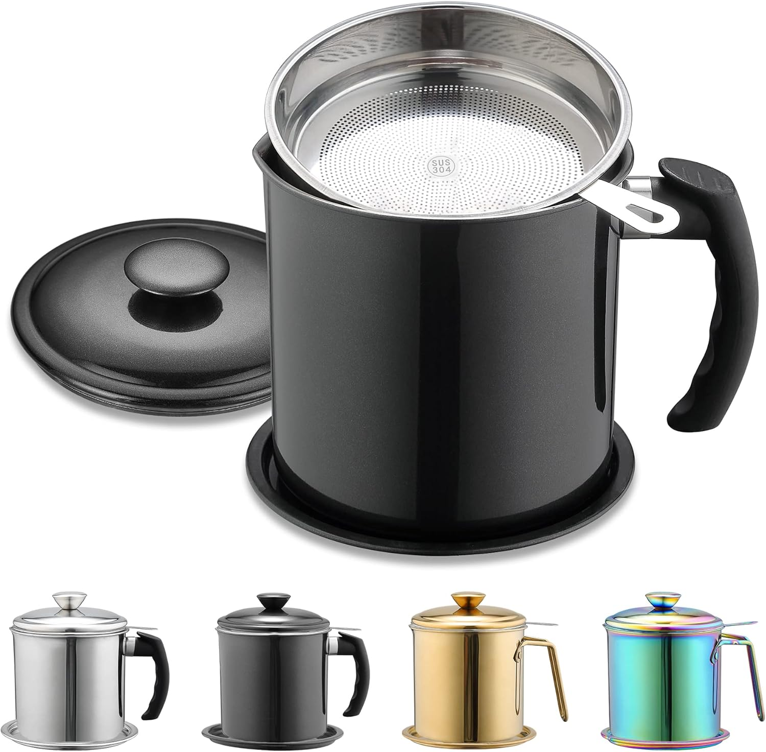 Bacon Grease Container with Filter, 47 Oz / 1.4 L, Stainless Steel Oil Storage Container with Fine Mesh Filter, Dustproof for Storing Frying Oil and Food Fat, Cookware Accessories