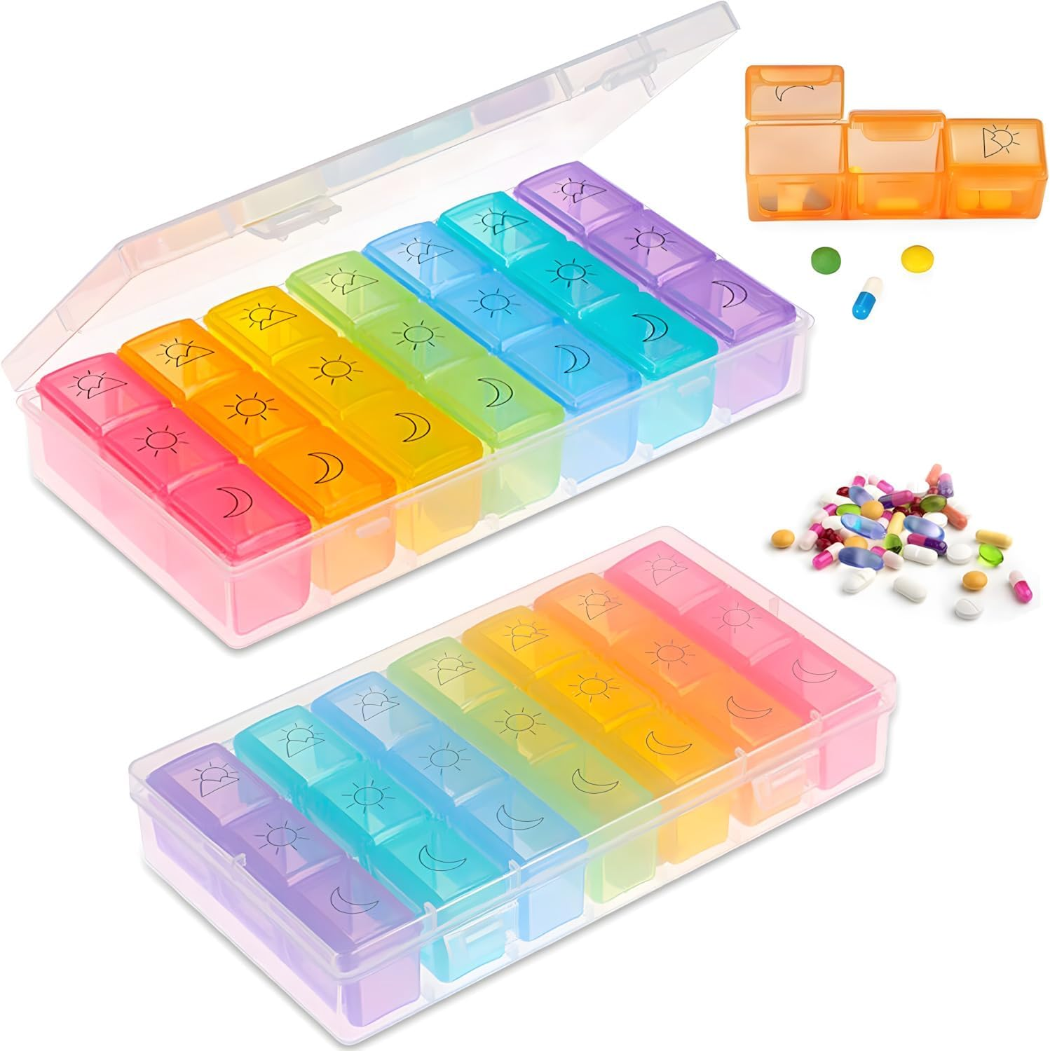 Sundonix 7-Day & 3-Times Pill Organiser - 3 Compartment Medicine Dispenser - Portable, Spill Proof, Bpa-Free image number 1