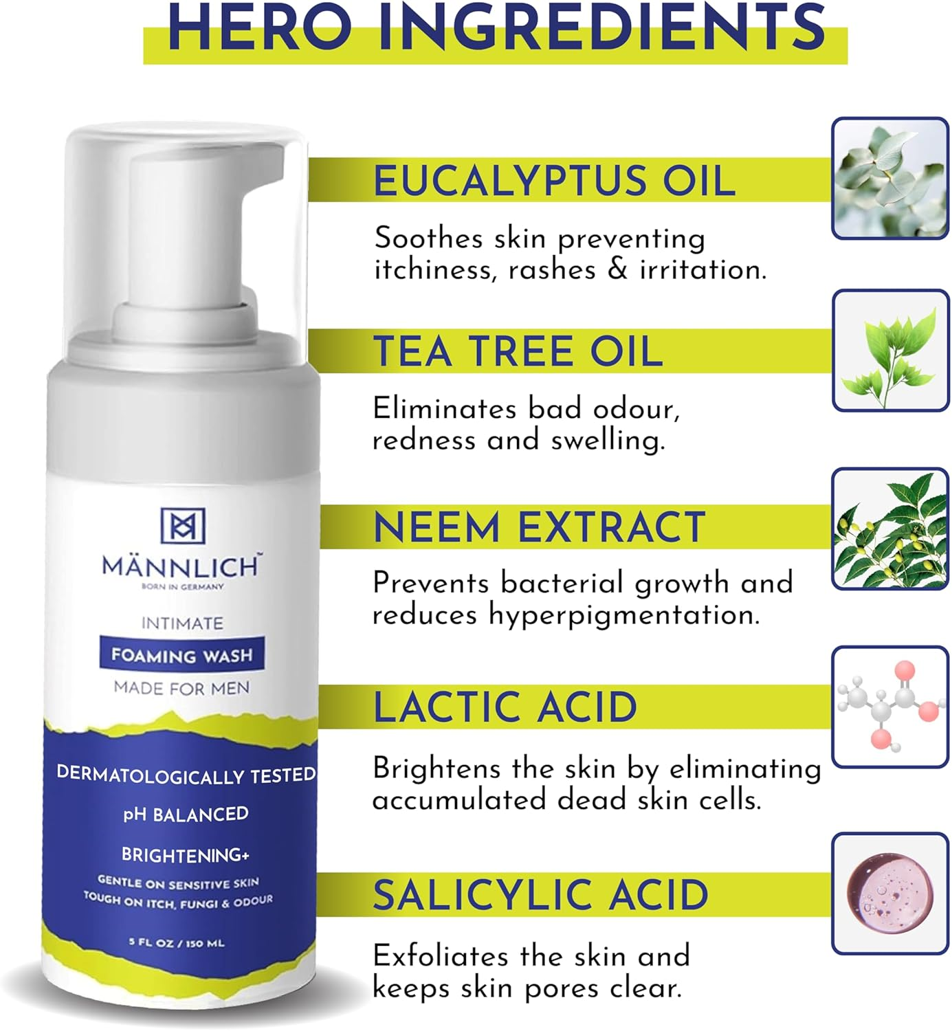 Mannlich Intimate Wash for Men (150 Ml) Relieves Itchiness & Odour, Prevents Fungal Growth, Genital Area, Ph Balanced & Dermatologically Tested with Tea Tree Oil, Neem, Eucalyptus Oil, 1% Salicylic & Lactic Acid image number 2