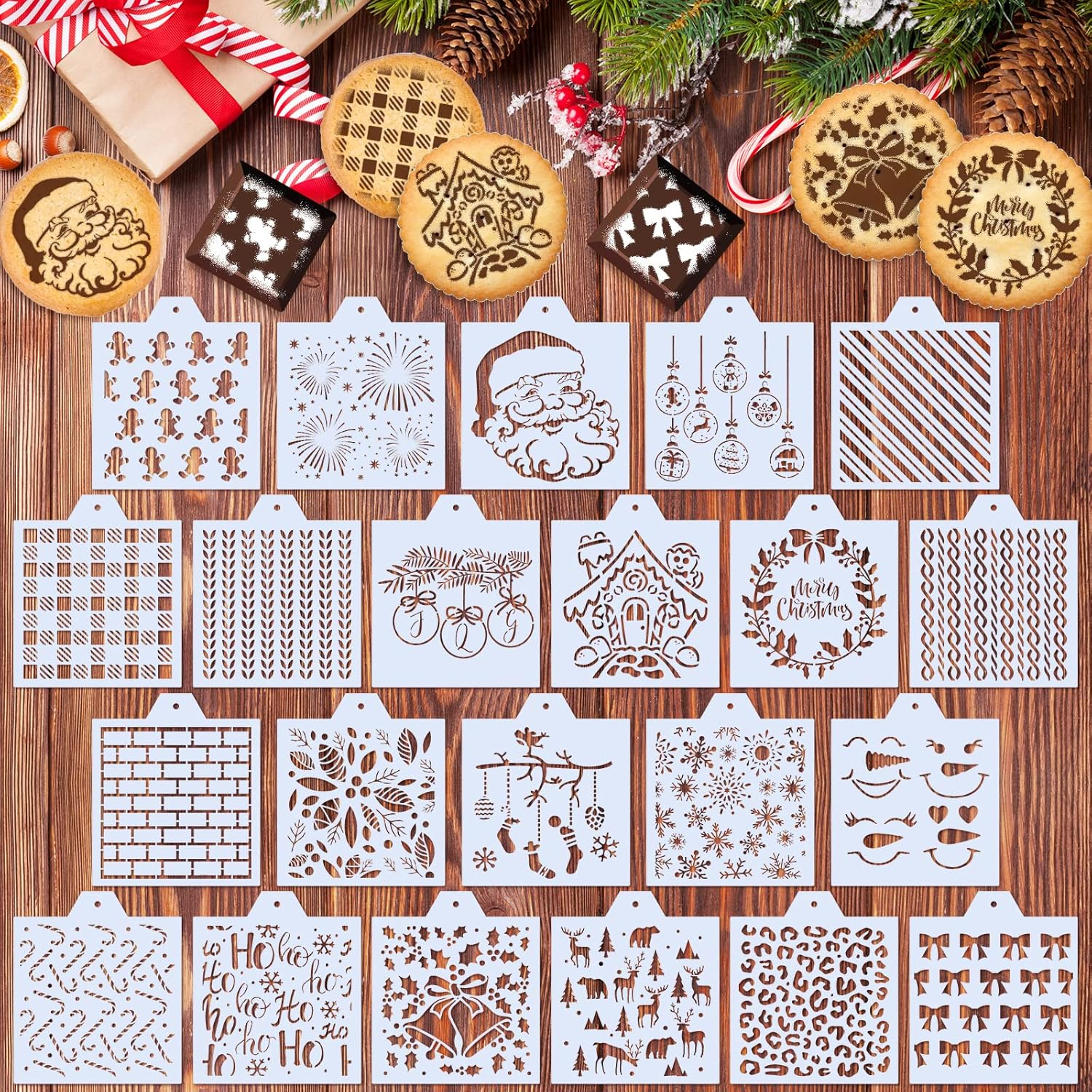 Whaline 22Pcs Christmas Stencils Snowflake Santa Candy Canes Flowers Gingerbread Pattern Airbrush Painting Stencils Christmas Biscuit Cake Baking Templates for Xmas Party DIY Craft, 6.7 X 5.9