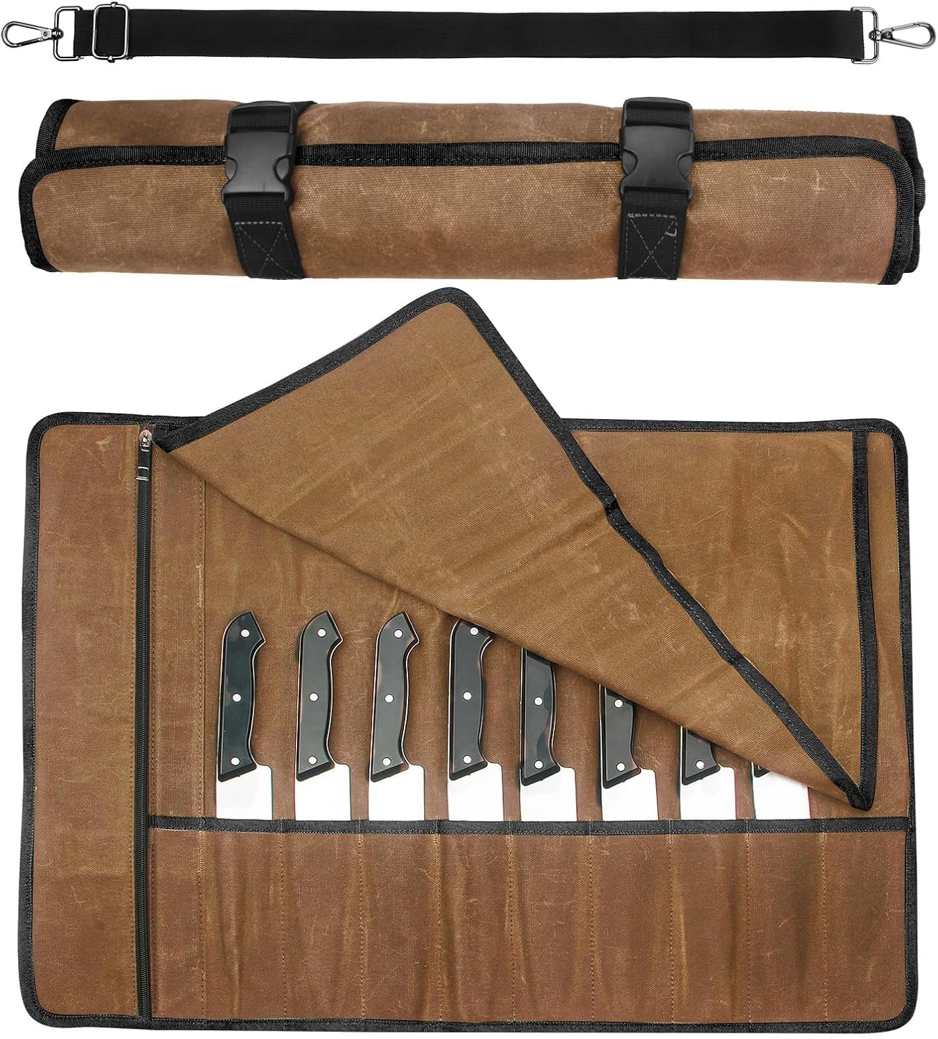 Chef'S Knife Roll Bag - Heavy Duty Waxed Canvas with 11 Slots (10+1 Zipper Pocket), Portable Kitchen Knives Bag for Home/Camping, Waterproof & Shoulder Strap Included (Black)