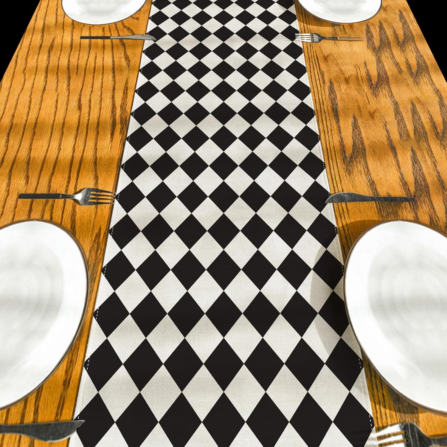Black and White Diamond Table Runner Tea Themed Party Decor Picnic Holiday Checkered Table Cover Black and White Decorations for Simple Life Home Party
