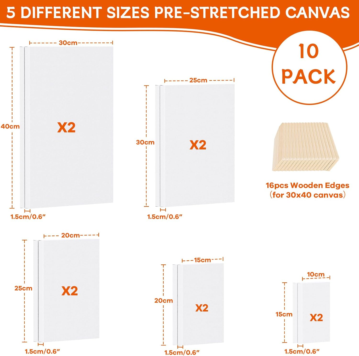 Koncci Stretched Canvas for Painting, 10 Packs Multiple Sizes Canvases Set, 10X15, 15X20, 20X25, 25X30, 30X40Cm, 280GSM Stretched Wooden Canvas Frames for Acrylic Oil Watercolor, Artist & Beginner image number 2