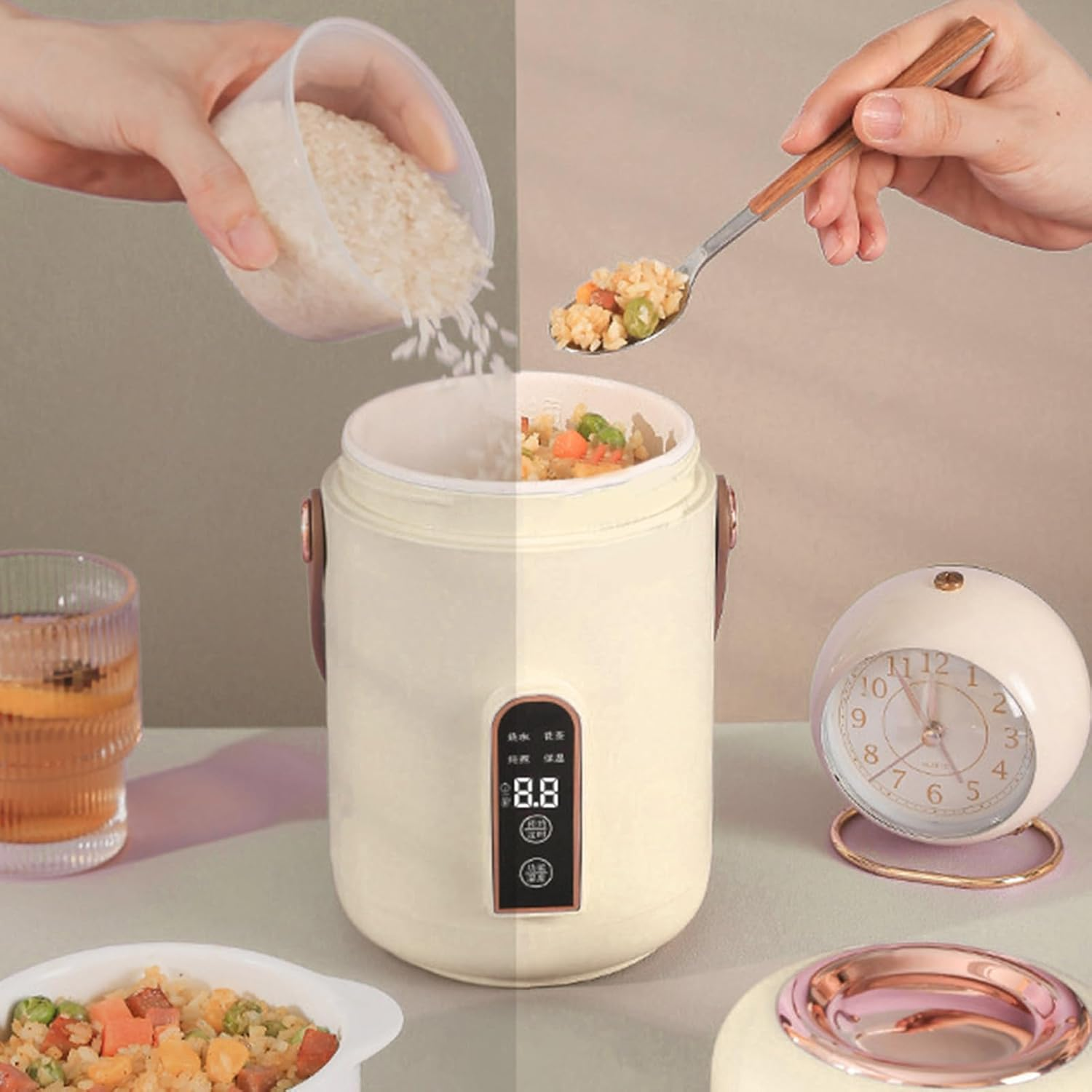 Electric Stewpot, Mini Rice Cooker Portable Insulated Safe for Home for Dorm (Beige) image number 1