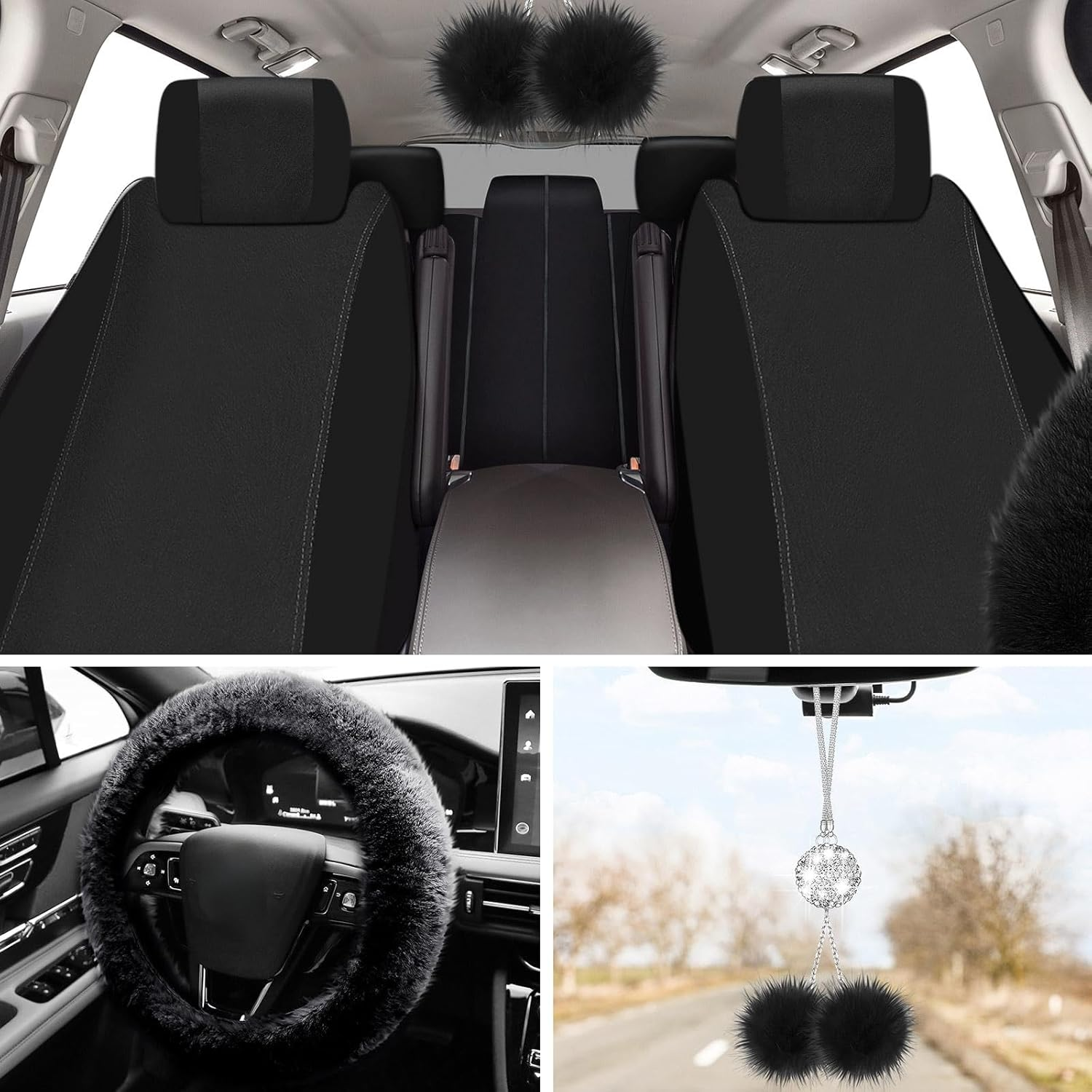 Fulmoon 17 Pcs Car Seat Cover Full Set for Women Universal Fit Front Rear Covers, Fluffy Steering Wheel Fleece Handbrake Shift Cover, Hanging Accessory Holder Ring Emblem Sticker (Black) - Beige Black image number 2