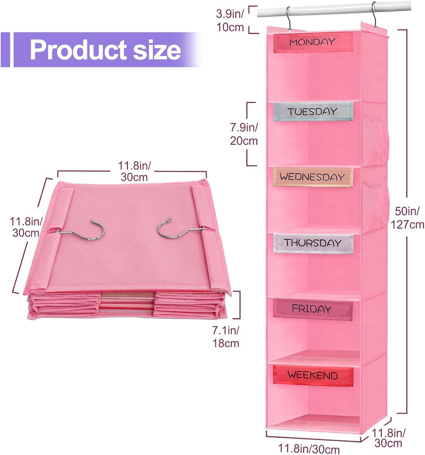 Weekly Clothes Organizer for Kids, 6-Shelf Hanging Closet Organizer with 2 Side Pockets, Days of the Week Clothes Organizer, with Labeled Days of the Week Monday through Friday, Weekday and Weekend image number 1