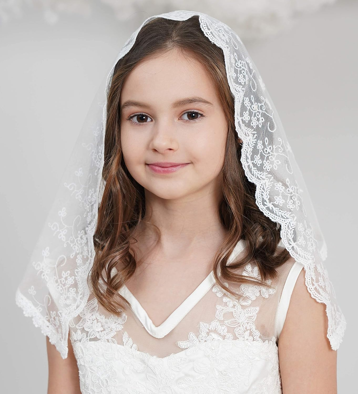 Flowergirl Veils First Communion Veil Lace Floral Edge Veil Headwrap for Grils F5 - Ivory Veil-Flowers image number 6