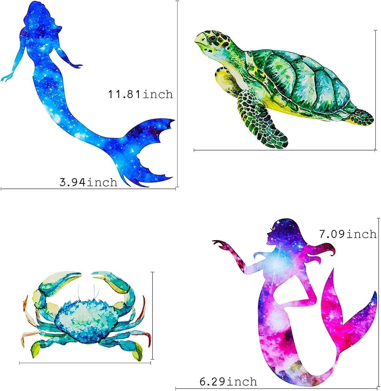 Ocean Mermaid Wall Decals, 2 Sheets Removable Mermaid Wall Stickers for Bedroom, Sea Mermaid Turtle Wall Stickers for Bathroom and Kids Bedroom Decor