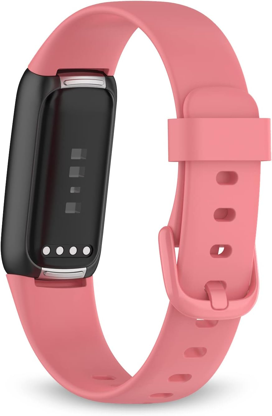 [2 Pack] Haotop Adjustable Silicone Sport Replacement Wristbands Straps Compatible with Fitbit Luxe - Black+Rose Red image number 3