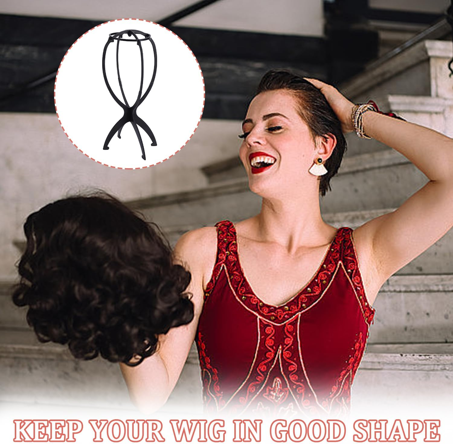 SYEYCW 2 Pcs Black Folding Wig Stands, 35Cm / 13.78Inch Wigs Display Holder for Hair, Collapsible Dryer Wig Holder Stand, Short Hair Extensions Stands, Plastic Portable Wigs Head Holders for Travel image number 2