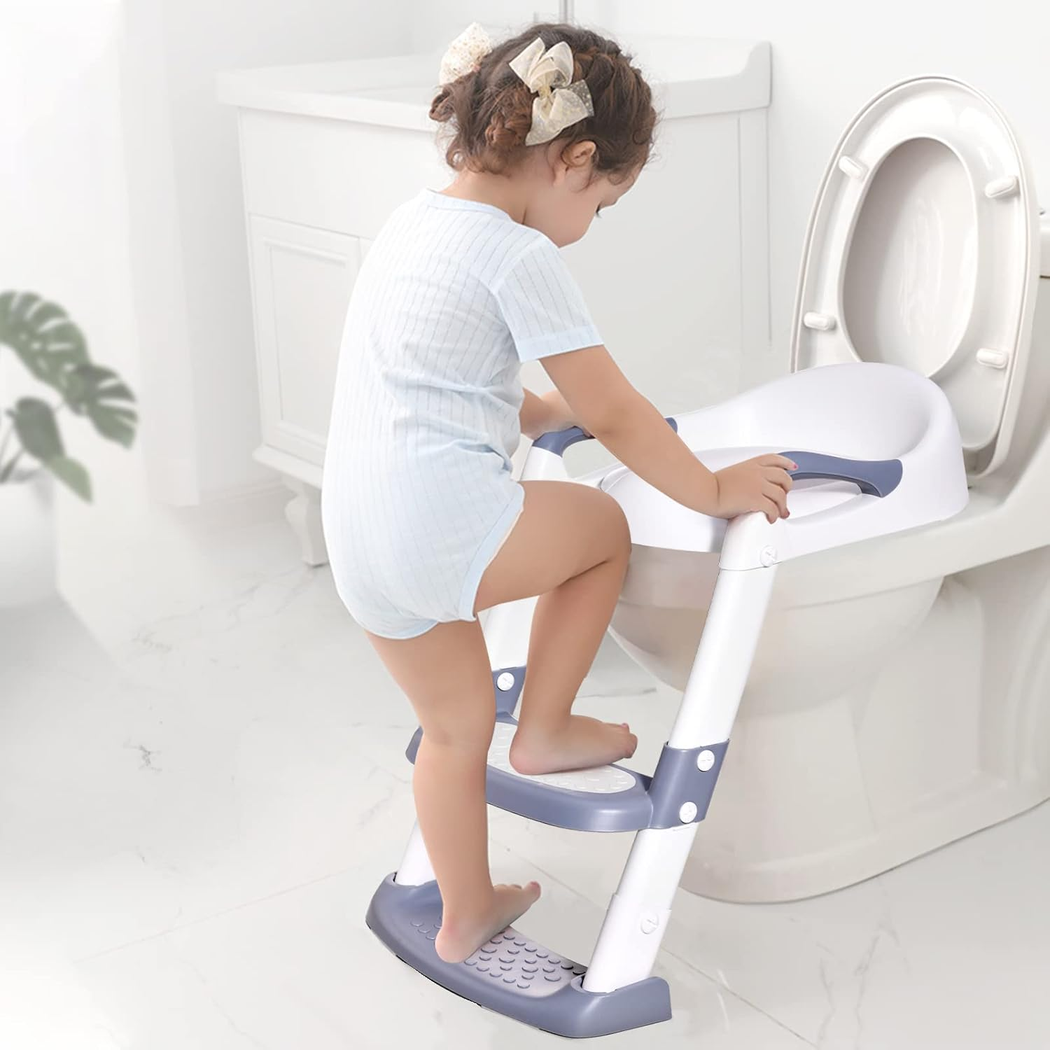 Potty Training Seat with Step Stool Ladder, Gentle Monster Toddler Potty Training Toilet for Kids Boys Girls Baby, Foldable & Comfortable Training Potty Chair Toilet for Child with Anti-Slip Pad(Grey) image number 5