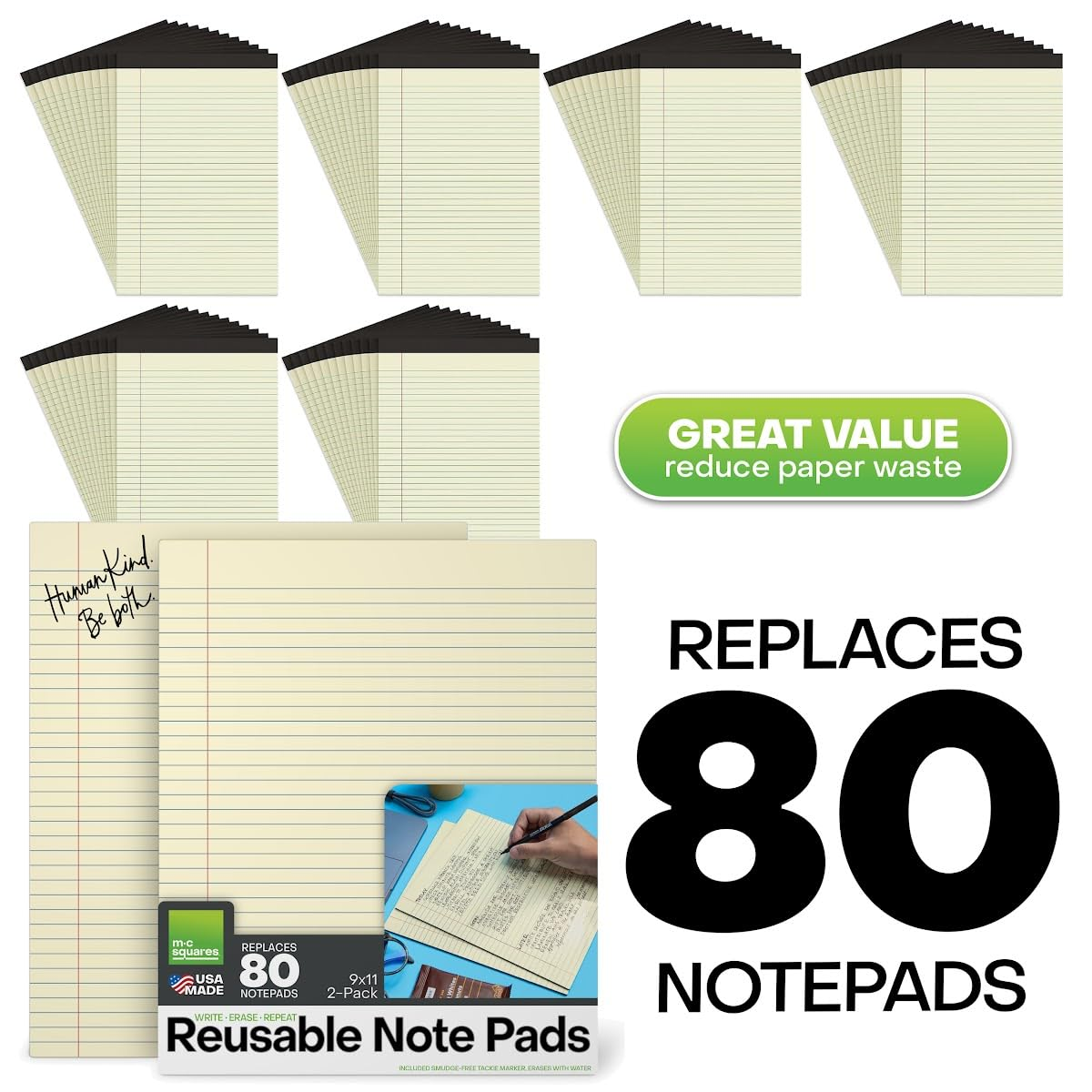 M.C. Squares Reusable Letter Legal Pads | 9X11 2-Pack | Lined Canary Yellow Dry Erase Notebook Front, White Board Back for Office, Home, School | Included Wet-Erase Tackie Marker | USA Made image number 3