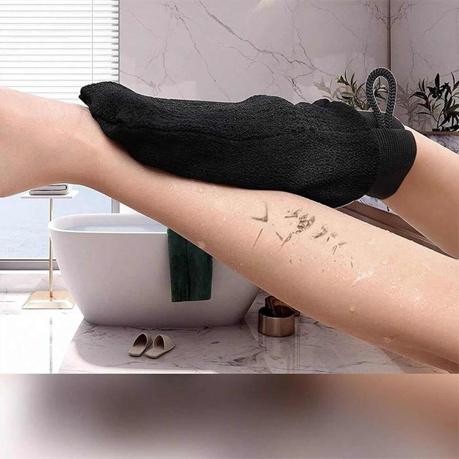 Xolixorium Exfoliating Glove Korean Exfoliating Mitt Body Scrubber for Dead Skin Removal before Self Tanning for Women and Men Black Pair image number 2