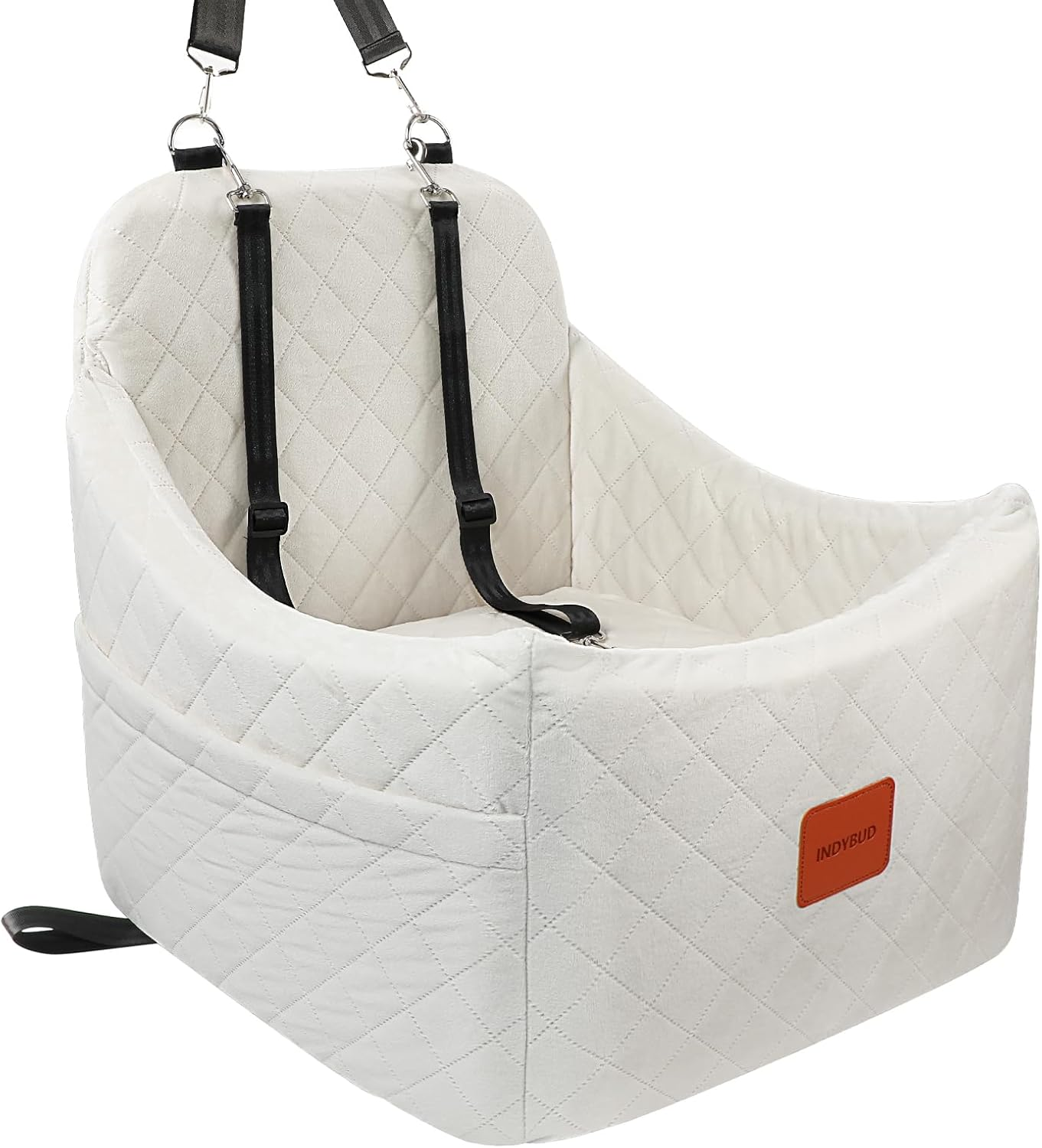 INDYBUD Dog Car Seats for Small Medium Dogs, Portable Detachable Washable Puppy Car Seat for Dog up to 35Lbs, Pet Booster Seat with Storage Pockets and Safety Belt (Black/Brown, Medium)