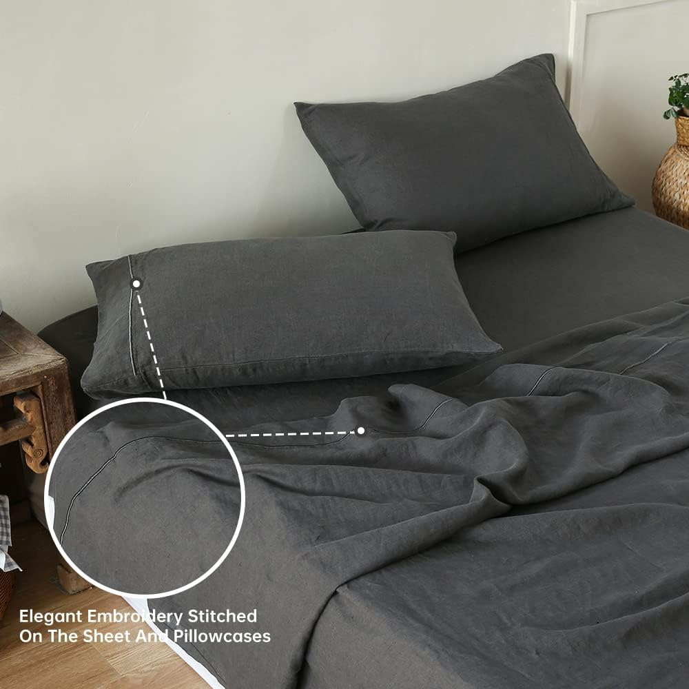 Simple&Opulence 100% Linen Sheet Set with Embroidery Washed - 4 Pieces (1 Flat Sheet & 1 Fitted Sheet & 2 Pillowcases) Natural Flax Soft Bedding Breathable Farmhouse - Dark Grey, Full Size image number 3