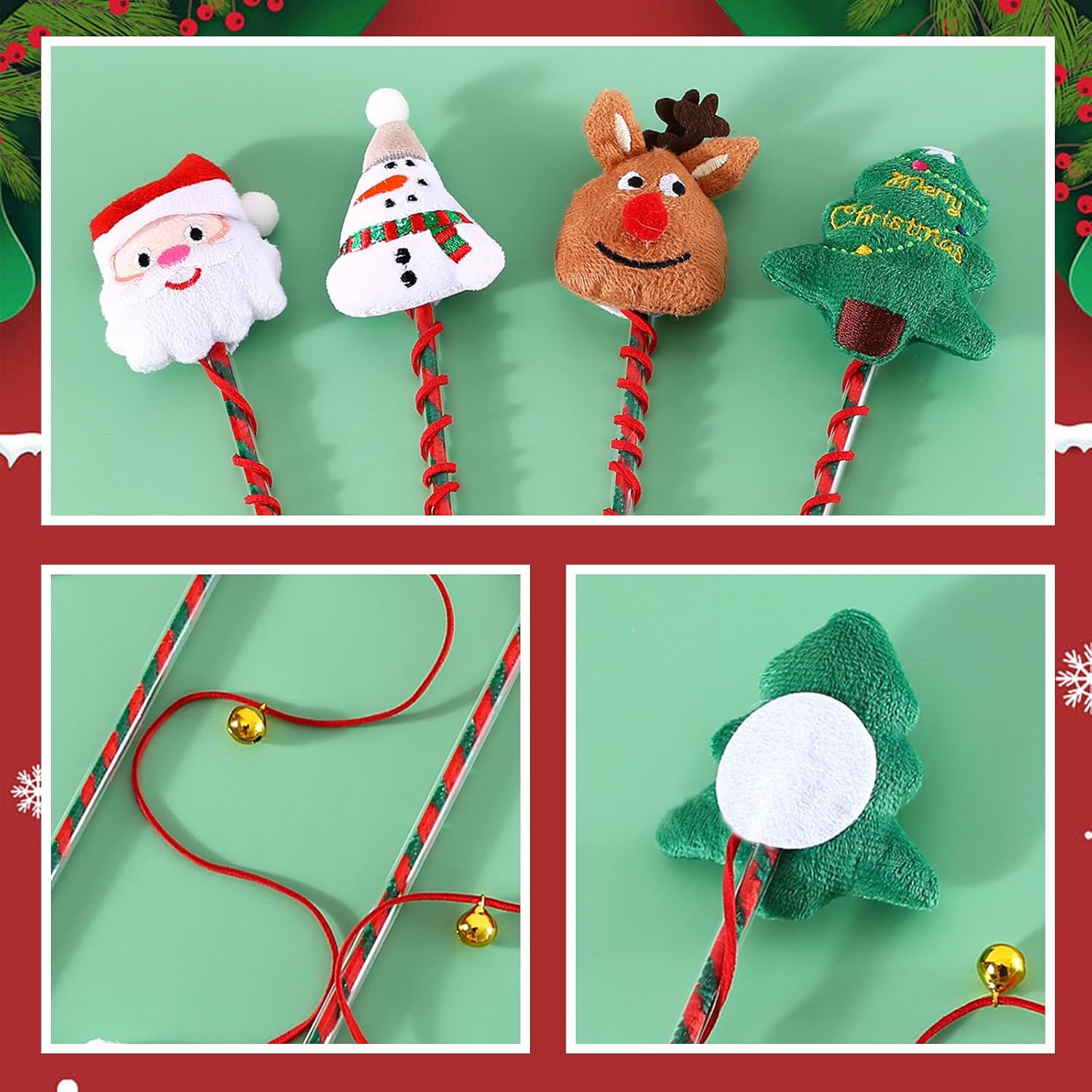 4 Pcs Christmas Cat Wand Toy,Christmas Design Interactive Cat Teaser Wand Toys with Bells,Funny Kitten Stick Toys for Indoor Cats,Christmas Party Cat Toys for Cat Interactive,Training image number 2