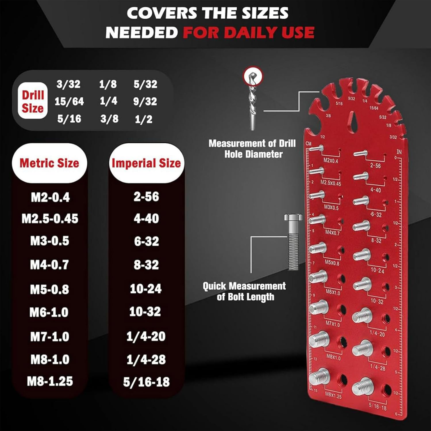 Thread Checker Bolt and Nut Aluminum Metric Imperial Sizes with Side Ruler Drill, Length Measurement for Mechanical Engineering, Construction image number 6
