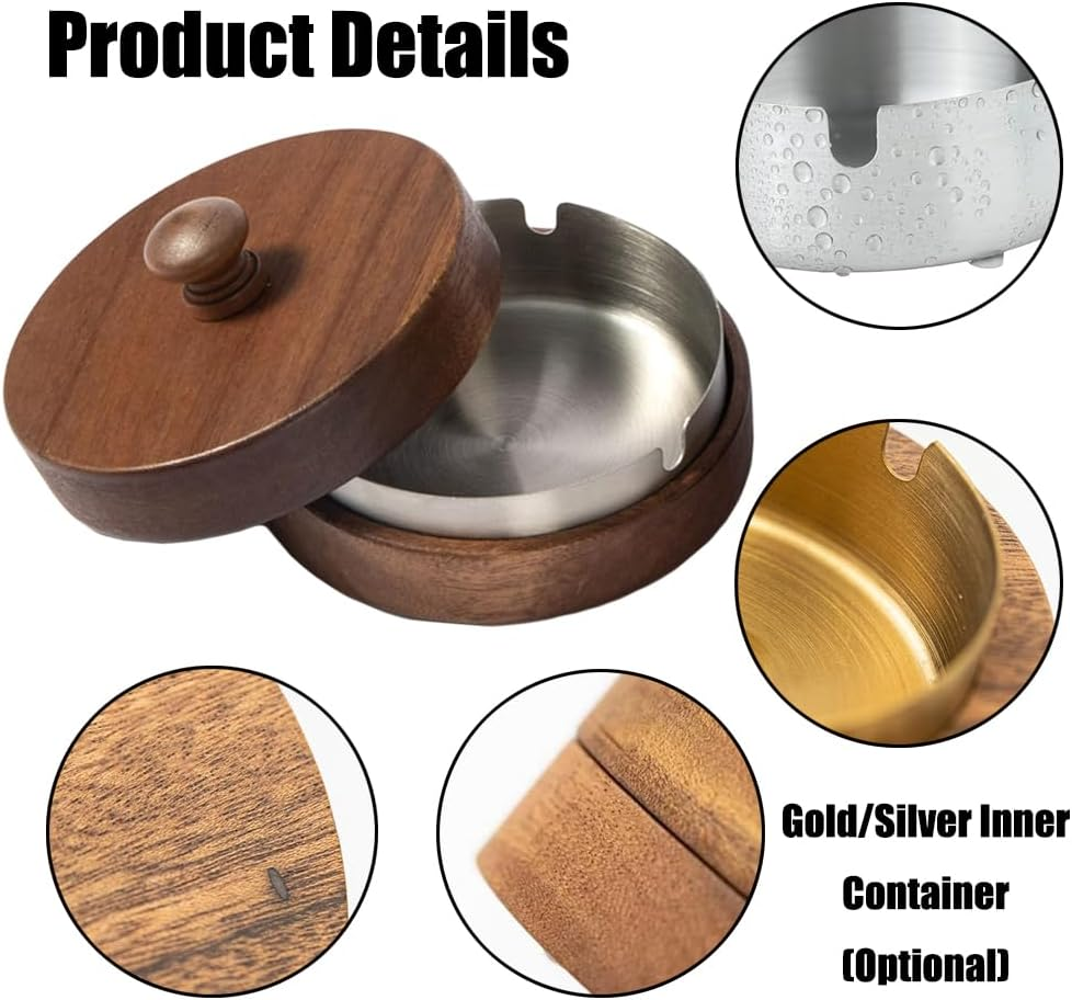 Paifeancodillwooden Ashtray with Lid and Stainless Steel Liner, Portable Ash Tray for Indoor Outdoor Use, Home Office Balcony Parties, Elegant Design (Silvery)
