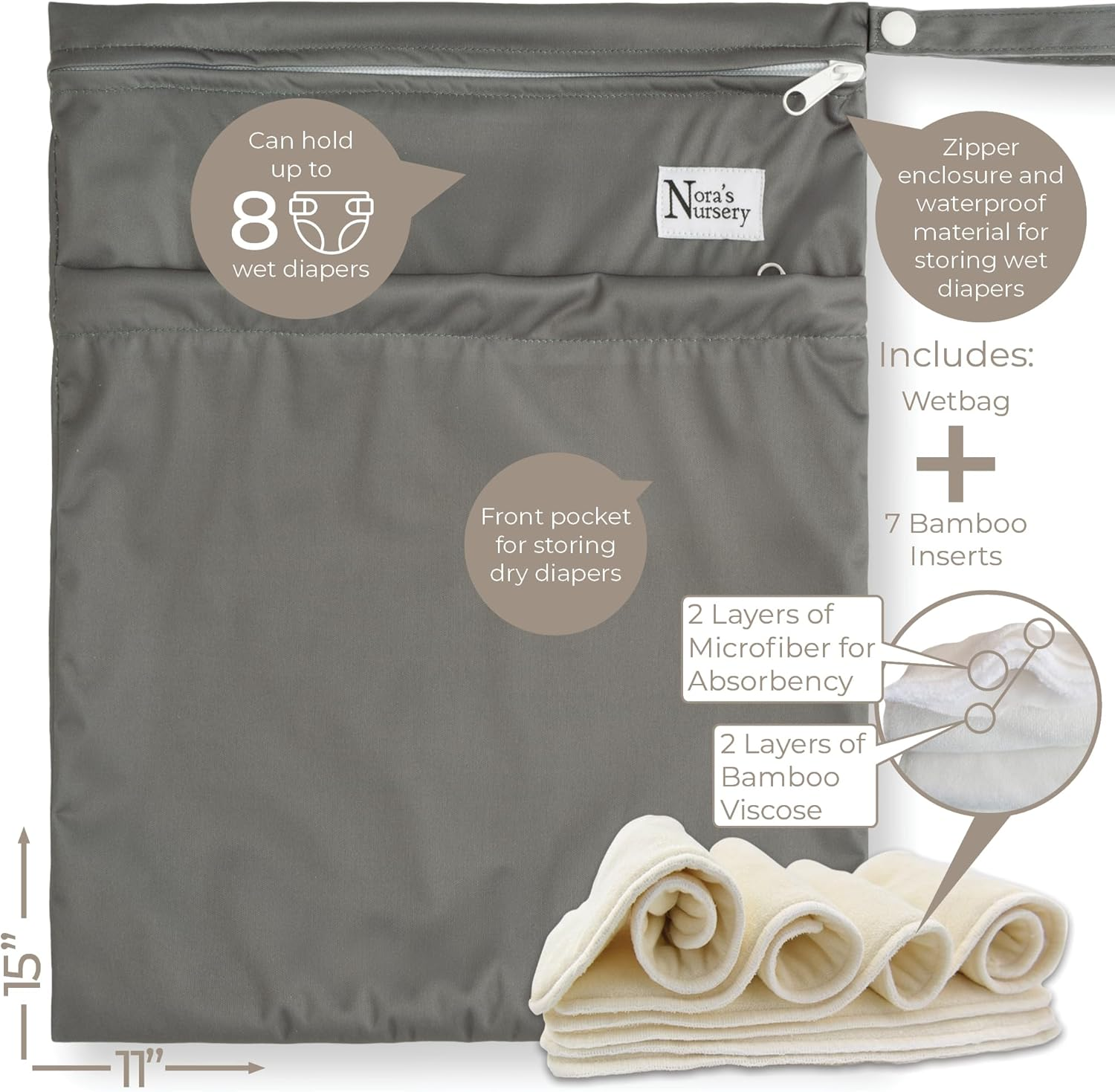 Nora'S Nursery Cloth Diapers 7 Pack with 7 Inserts & 1 Wet Bag - Waterproof Cover, Washable, Reusable & One Size Adjustable Pocket Diapers for Newborns and Toddlers - Hickory image number 3