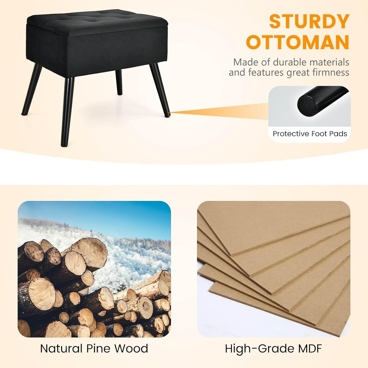 Costway Vanity Stool with Storage, Velvet Ottoman with Solid Wood Legs & Flip-Up Padded Seat, Modern Footrest Stool, Rectangular Shoe Changing Stool for Makeup Room, Entryway & Bedroom image number 5