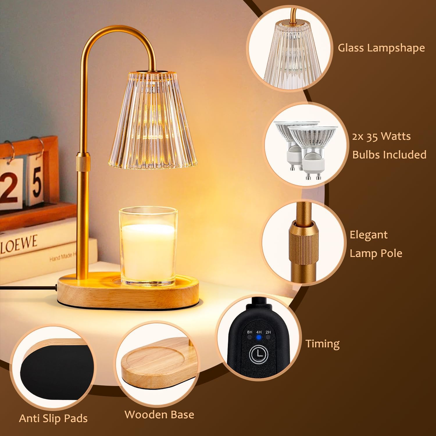 Candle Warmer Lamp with Timer: Electric Candles Wax Warmers Glass Lamps for Jar Candles Burner Adjustable Height and Dimmable Light Modern No Flame Scented Candle Warming Lantern (Amber) image number 6