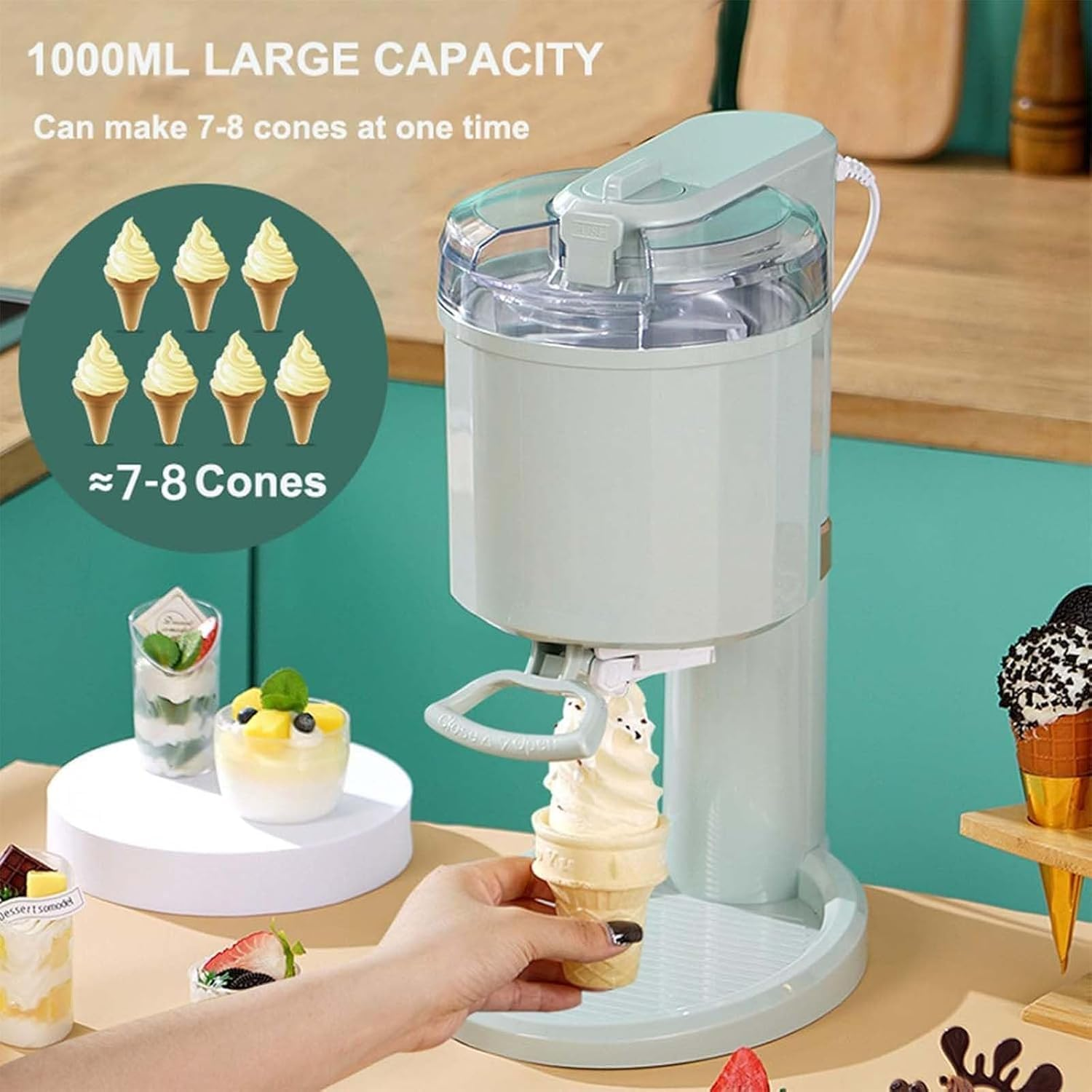 CKIKH Ice Cream Maker Machine 1L Fully Automatic Soft Serve Ice Cream Machine Frozen Yoghurt Machine with Detachable Mixing Paddle Soft Serve Dessert Makers for Family Recipes (Light Green, Small) - Green image number 5