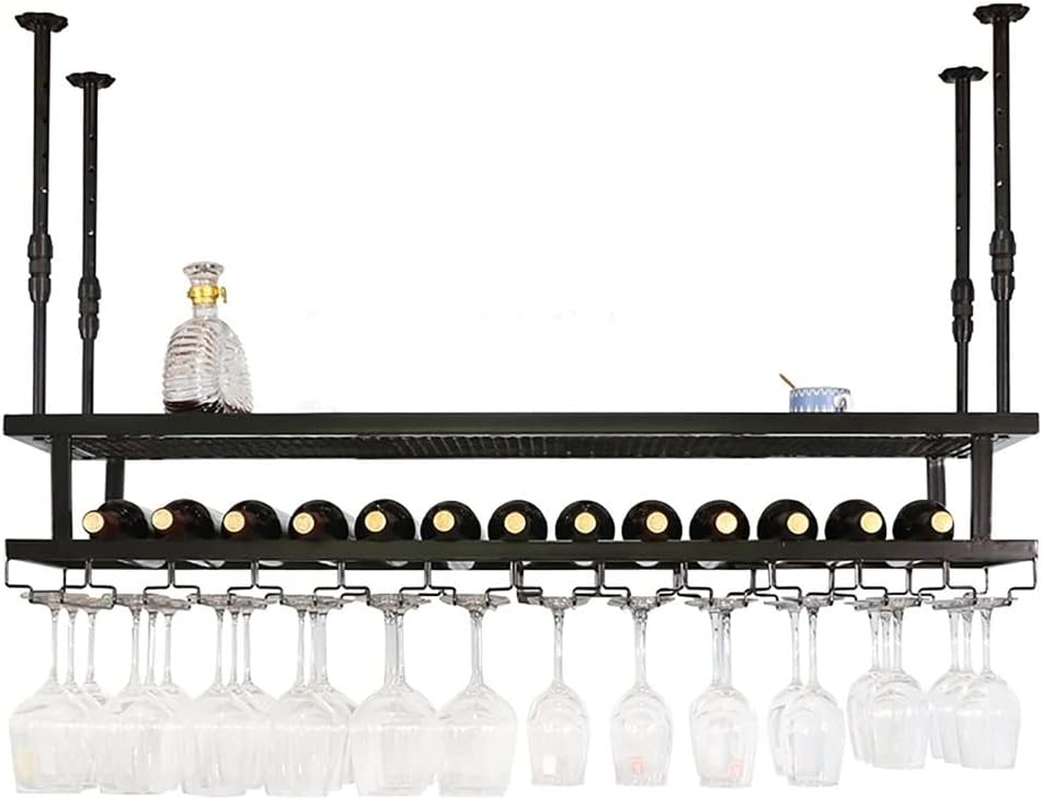 Wine Rack with Shelf Ceiling Shelf Hanging Wine Glass Rack 2 Tier Industrial Wine Rack Floating Bar Shelves for Bottles (Color : Black, Size : 120 * 30Cm) image number 4