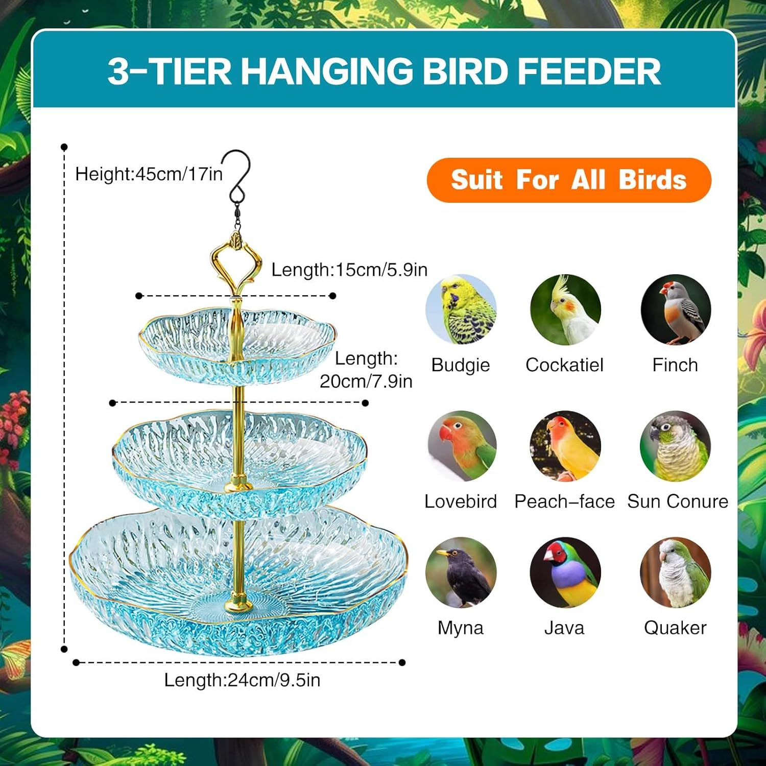 SUSOO 3-Tier Bird Feeder with Hook Hanging, Outdoor Wild Feeding Station for Stylish Garden,Yard, Pathway Landscape Decoration, Easy-Clean Small Animals Food Feeder for Bird Lovers Gift（42Cmx24Cm） image number 1