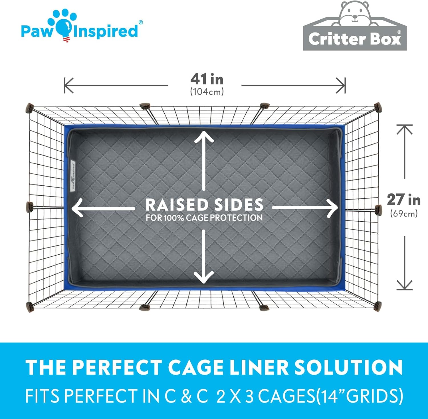 Paw Inspired Critter Box Washable Cage Liner, Reversible Fleece Bedding with Raised Sides for Guinea Pigs and Other Small Animals (C&C 2X3 (14" Grids), Gray/Blue) image number 2