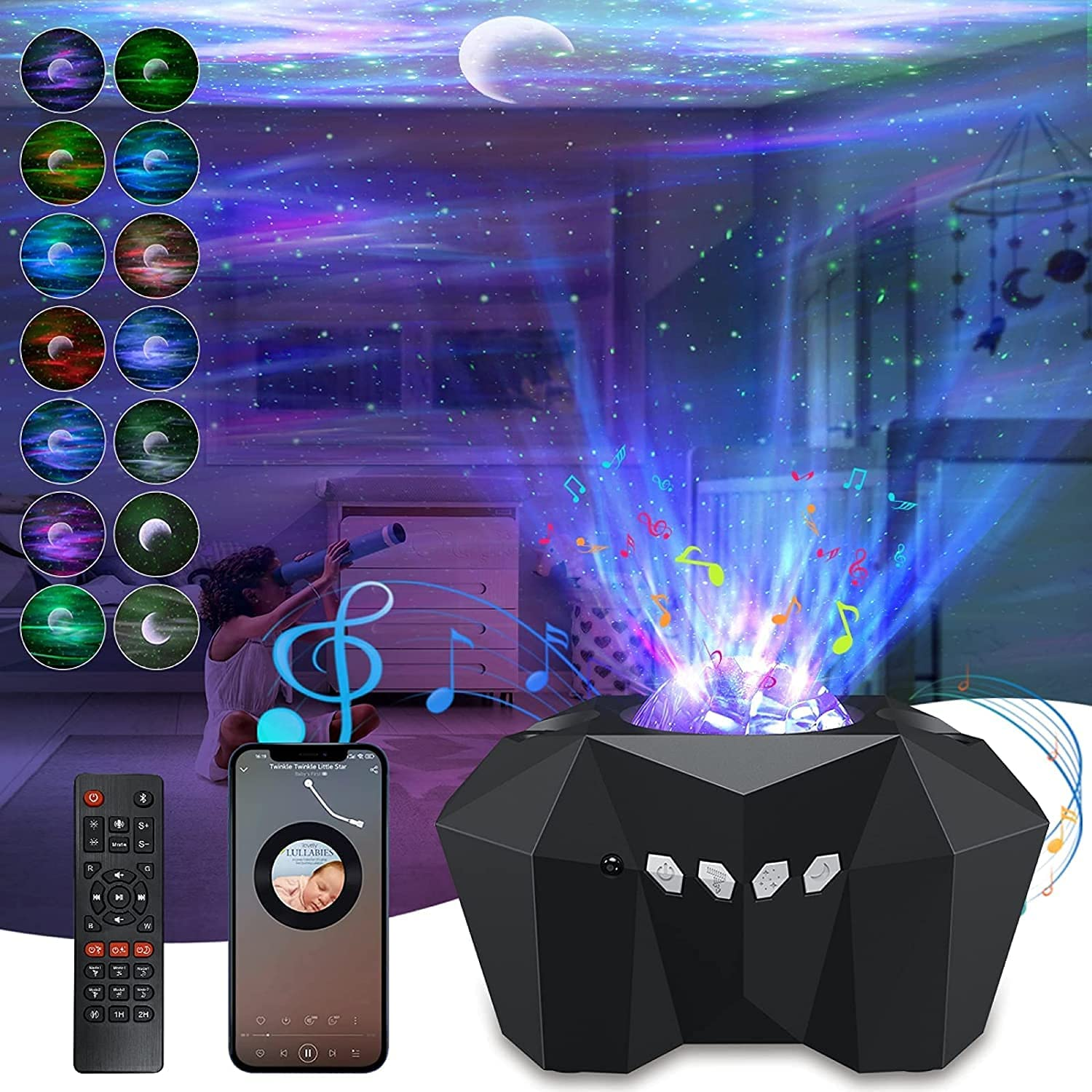 VSM Dream Aurora/Northern Light/Star Projector Light, Real Moon like Projection, 5 in 1, Timer, Bluetooth Speaker, Brightness, Speed, Volume and Remote Control (Black) image number 5