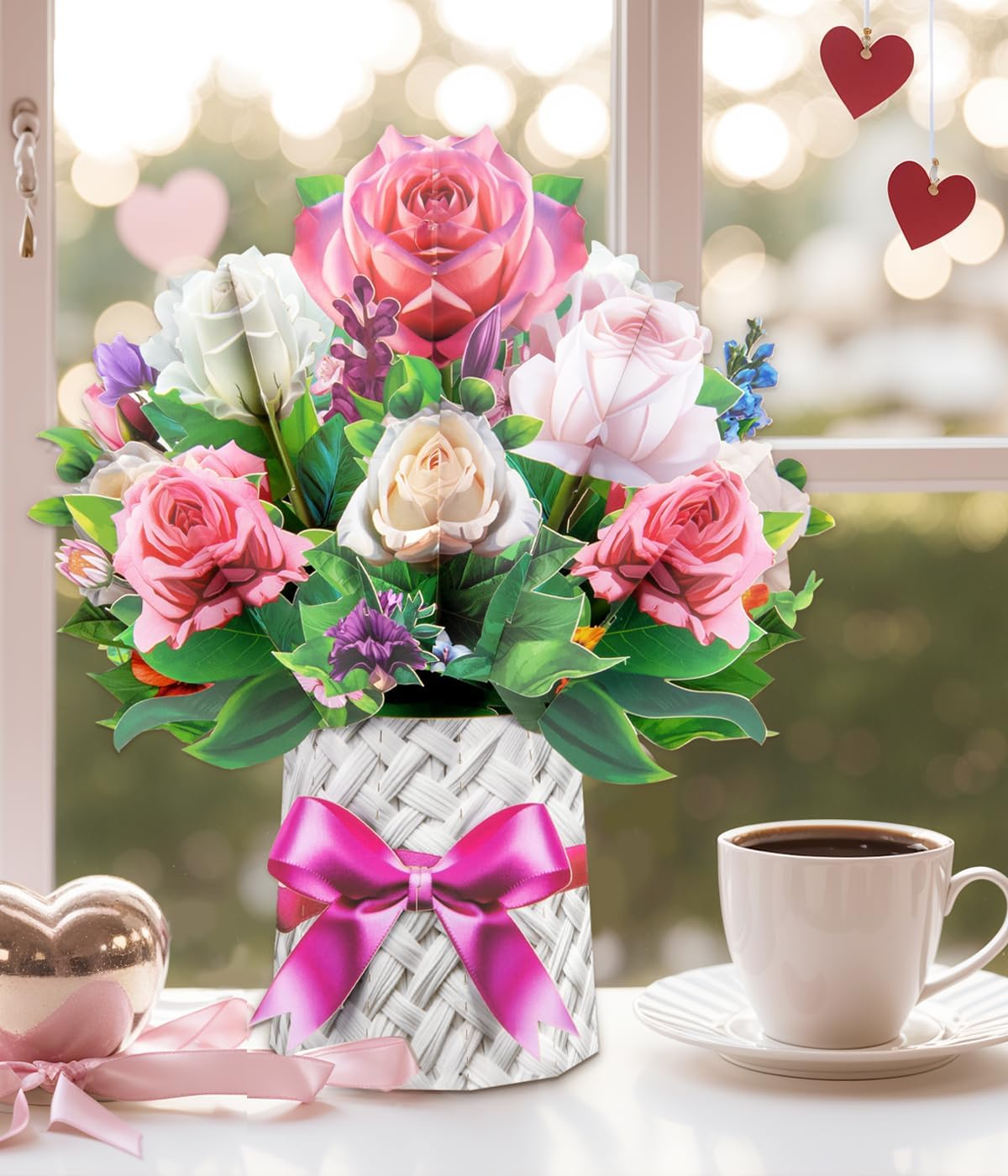 3D Pop-Up Pink & White Rose Bouquet Card Elegant Floral Card for Mother&rsquo;S Day Birthday Anniversary Valentines Thank You Retirement Get Well Thinking of You &ndash; Includes Envelopes & Blank Note Card image number 4