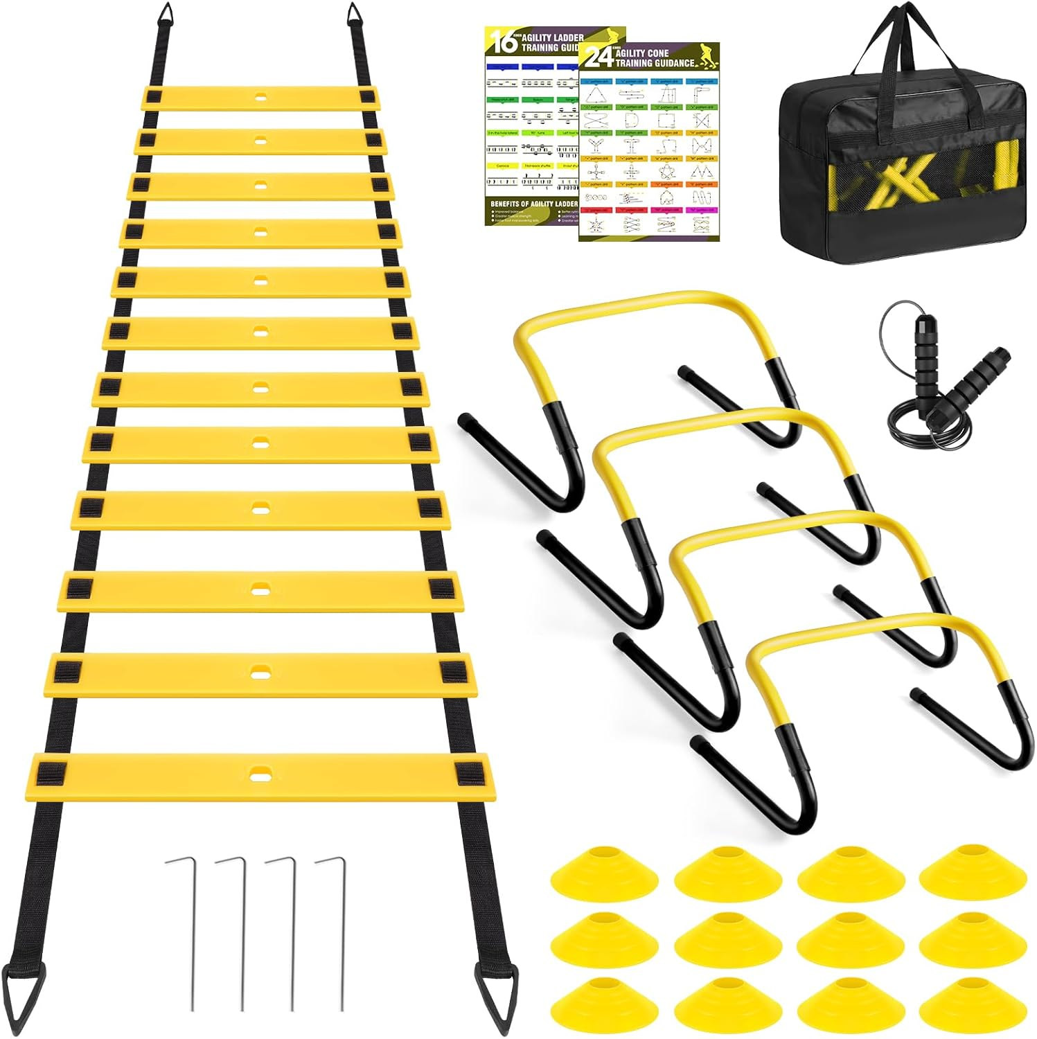 Agility Speed Training Equipment Set - 20Ft Speed Ladder, 12 Cones, 4 Adjustable Hurdles, Jump Rope, Parachute, 3 Resistance Bands | Ideal for Basketball, Football, Soccer, for Kids, Youth, Adults image number 1