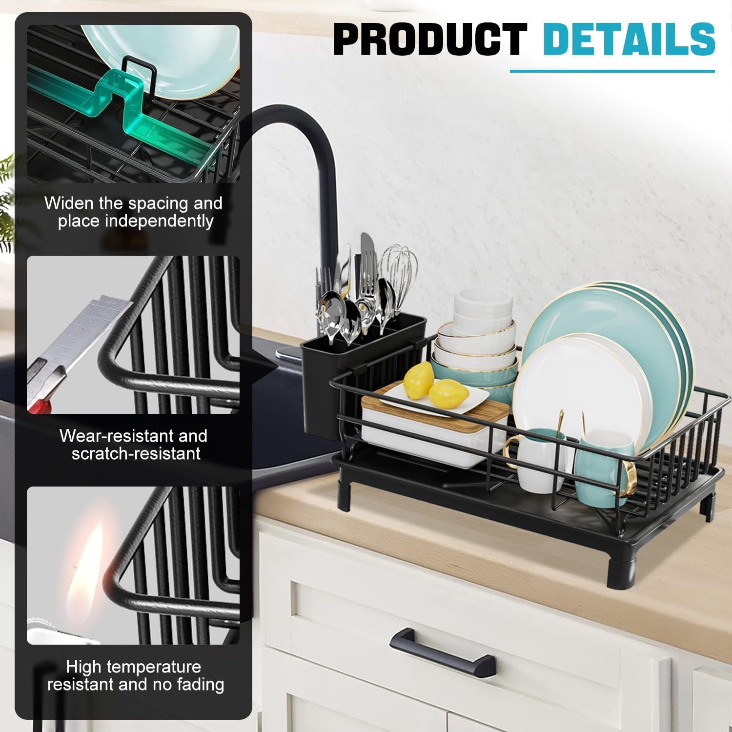 Dish Drying Rack, Dish Racks with Drain Board and 360&deg; Rotating Nozzle for Kitchen Counter Sink Carbon Steel Rustproof, Strong Carbon Steel Dish Drainer for Kitchen Storage & Organisation (Black) image number 1