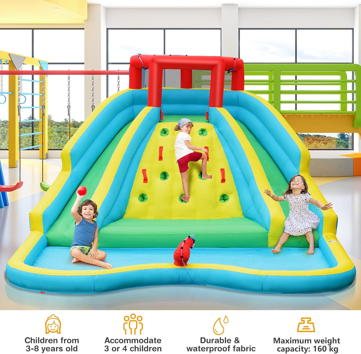 HONEY JOY Inflatable Water Slide, 452 X 365 X 233CM Giant Water Park for Kids W/Double Long Slides, Climbing Wall, Splash Pool, Water Cannon, Blow up Inflatable Bouncer for Outdoor(With 680W Blower) image number 5