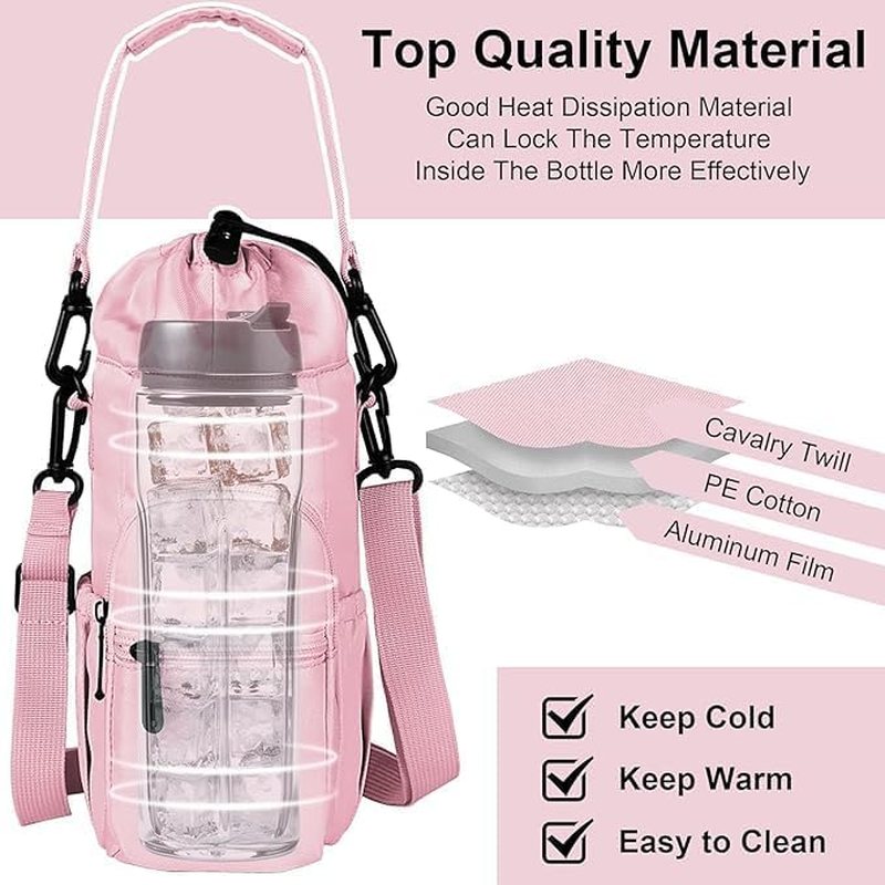 Water Bottle Holder with Strap 32Oz - 40Oz Insulated Water Bottle Carrier Bag Outdoor Sling Bag with Phone Pocket Sports Water Bottle Sleeve for Hiking Travelling Camping - Pink image number 3