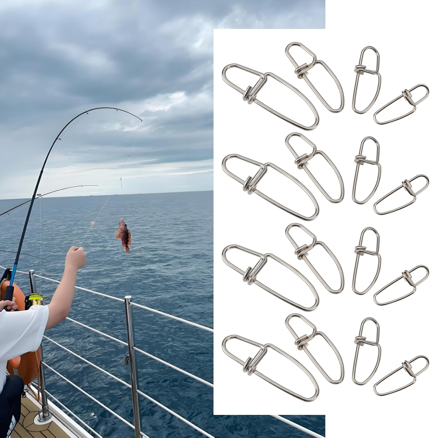 Create Idea 180Pcs Stainless Fishing Snaps Duo Lock Snap Kit for Saltwater Freshwater, Silver (11.6Mm 14.5Mm 16.5Mm 21Mm 23.5Mm 28Mm 34Mm 40Mm 47.5Mm)