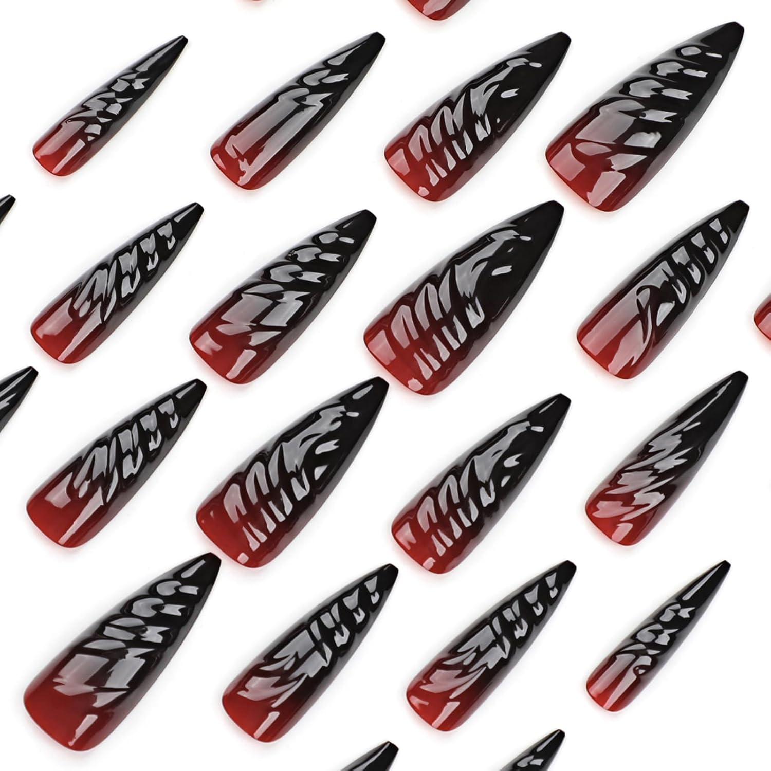 MISUD Stilettos Long Glossy Fake Nails Glue on Nails Gothic Almond Acrylic Fake Nails Gothic Red Black Gradient Fake Nails 3D Design Fake Nails 24PCS