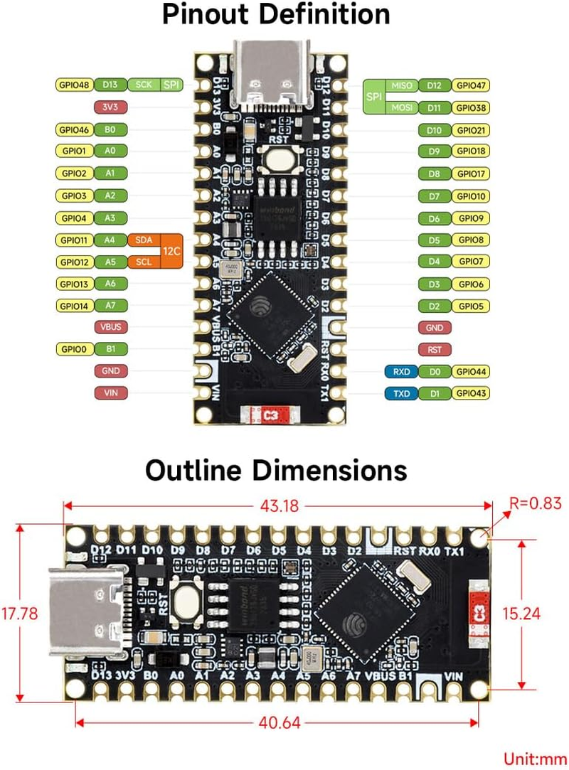 Waveshare Esp32-S3-Nano Development Board, Based on ESP32-S3R8, Compatible with Arduino Nano ESP32, without Header image number 2