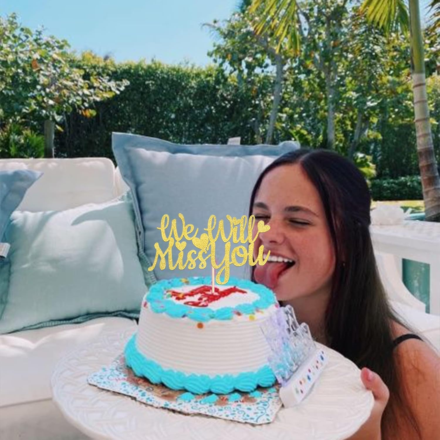 SYKYCTCY 1 Pack We Will Miss You Cake Topper Glitter Love Heart Good Luck Cake Pick Retirement Theme Going Away Party Cake Decorations Gold image number 2