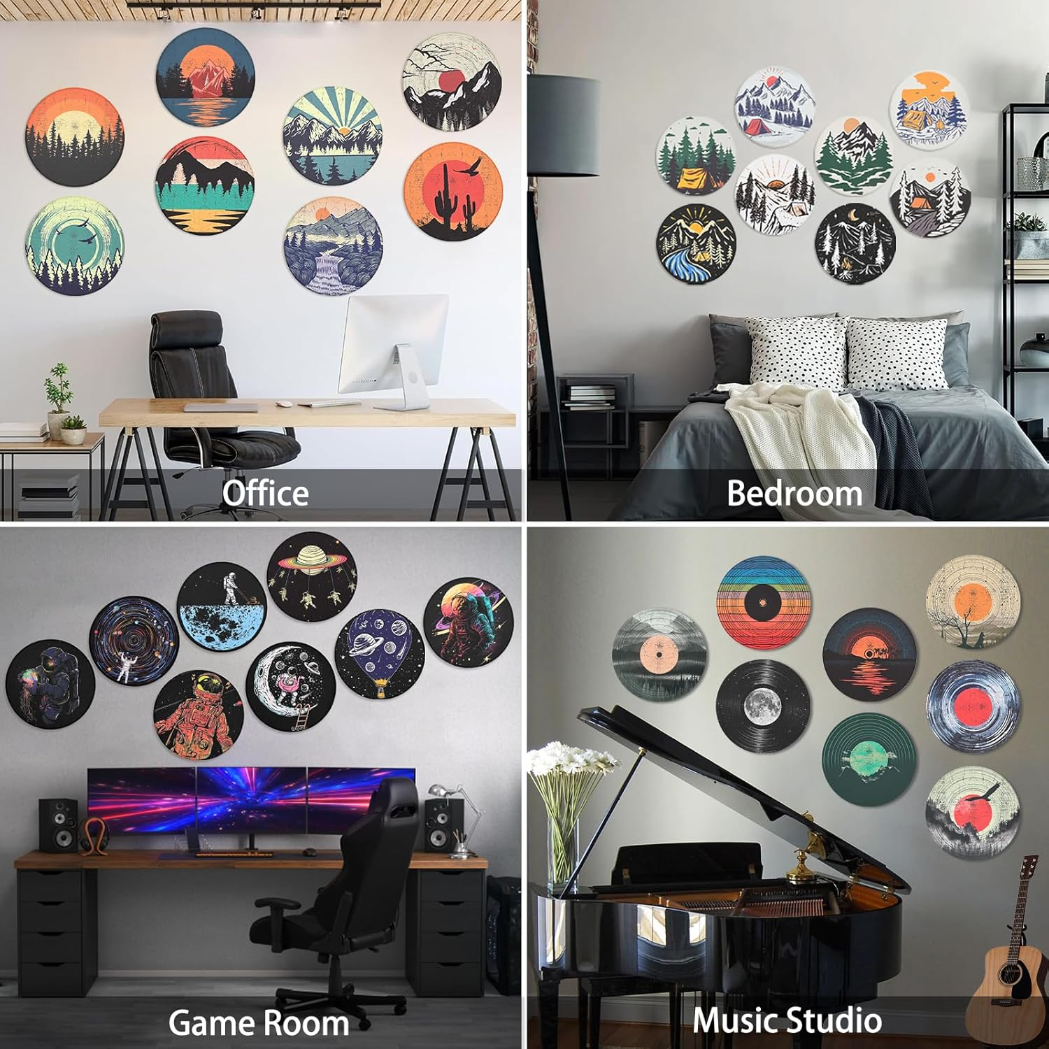 Atawlege 8 Pack Art Acoustic Panels, 14"X14"X0.4" round Self-Adhesive Soundproof Wall Panels, Unique Retro Record Decor Sound Absorbing Panels for Studio Home Office image number 1