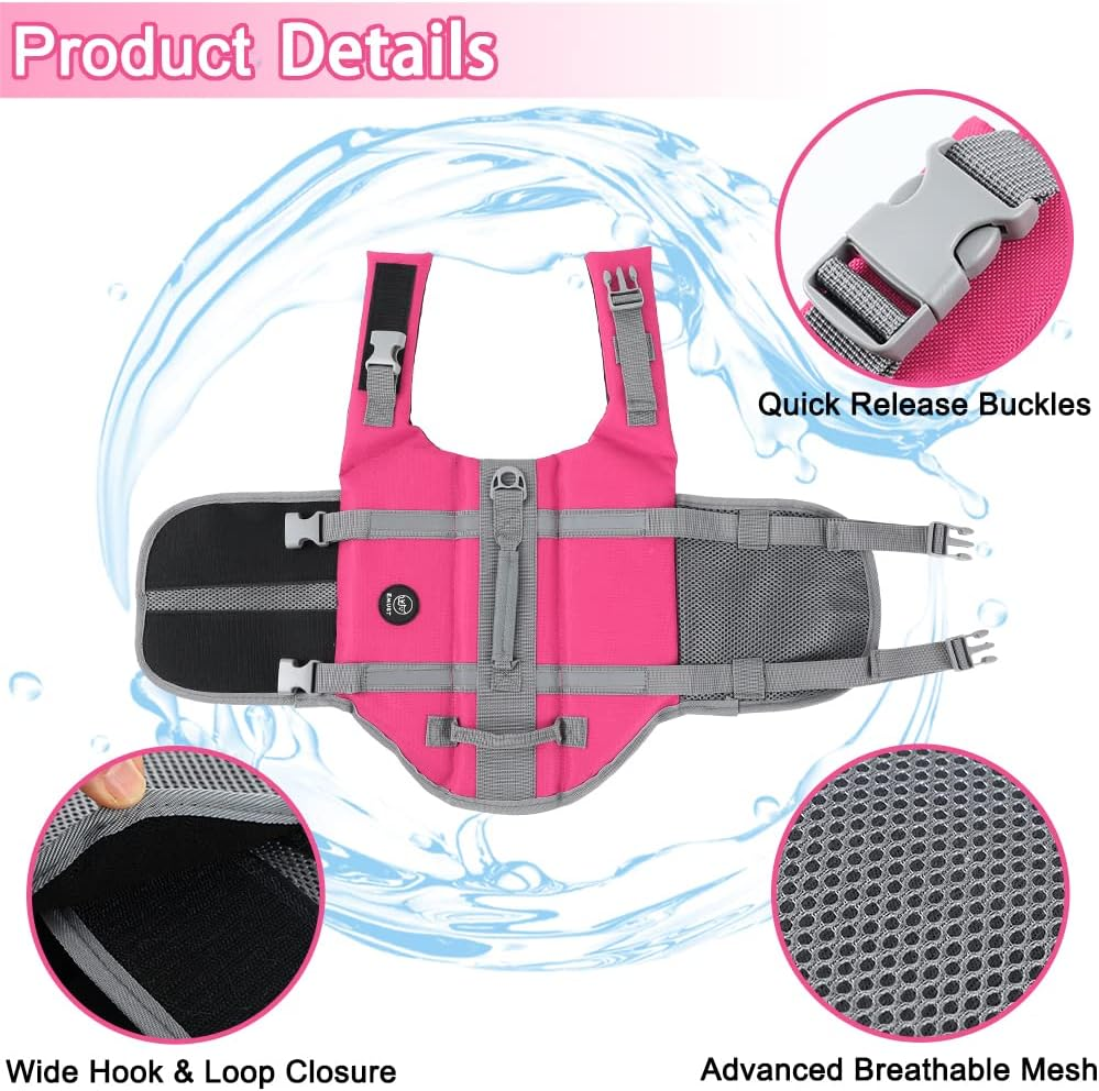 EMUST Life Jackets for Dogs, Adjustable Small/Medium/Large Dog Swim Vest for Water Safety Pet Life Vest with Rescue Handle Safety Vest for Swimming Pool Beach Boating, XL, Newsolidpink image number 4