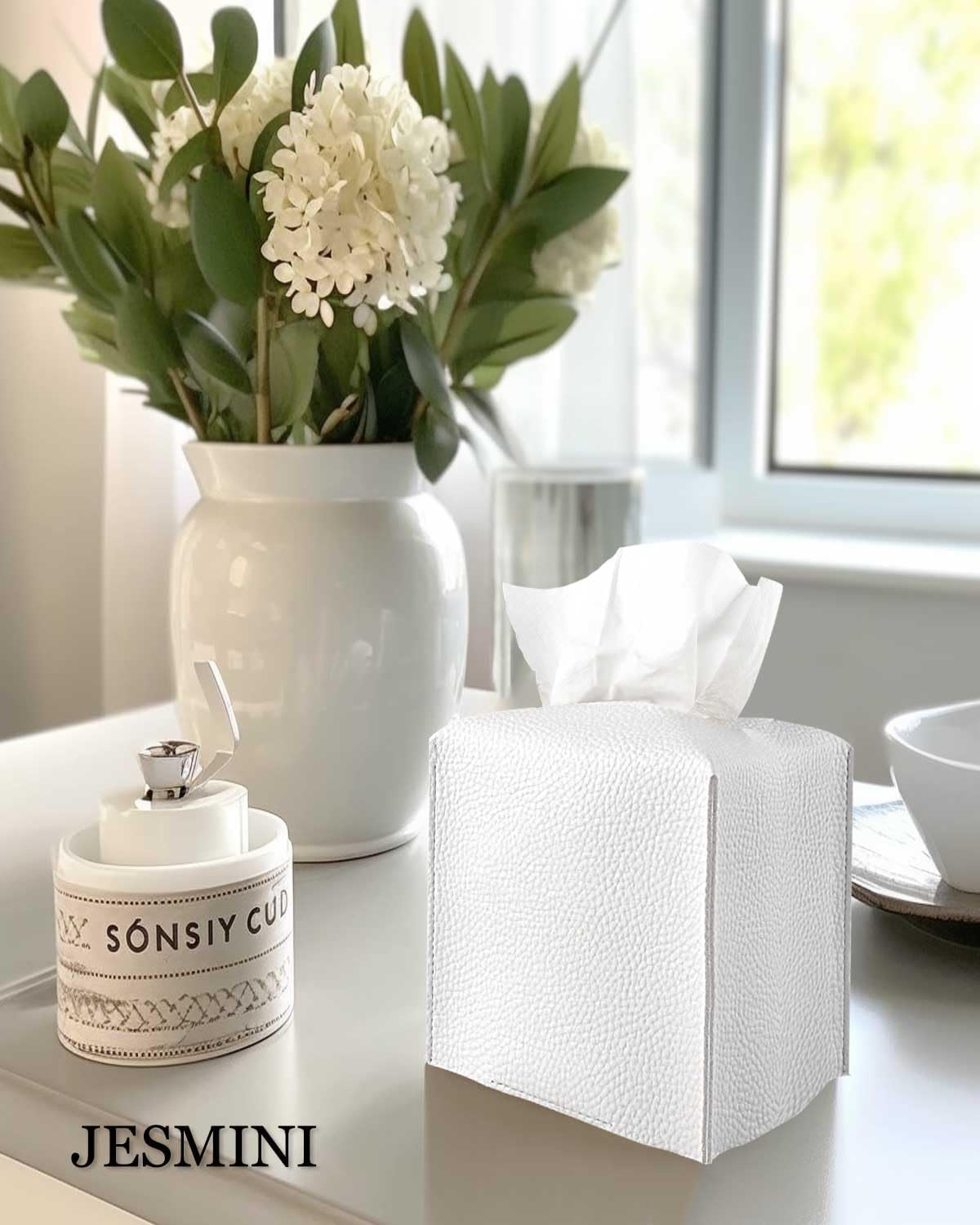 Tissue Holder White Tissue Box Cover &ndash; Square Leather Tissue Cover Box with Bottom Belt by Decorative Tissue Box Holder for Modern Home Office Decor image number 6