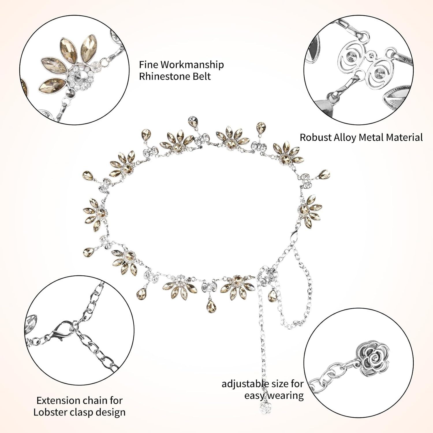 Women'S Floral Crystal Waist Chain Belt - Metal Rhinestone Western Belts Accessory Bling Bling Accessory for Dresses Jeans image number 2