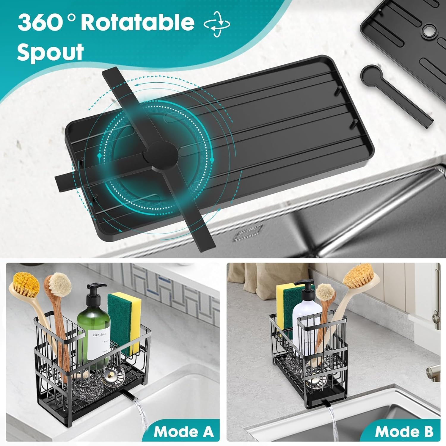 Sponge Holder for Kitchen Sink Organizer,2 Tier Dish Brush Scrubber Holder,Stainless Steel Sink Box Utensil Holder,Soap Dispenser Set Tray Counter Accessories & Storage Rack (Stainless Steel, &lrm;Black) image number 3