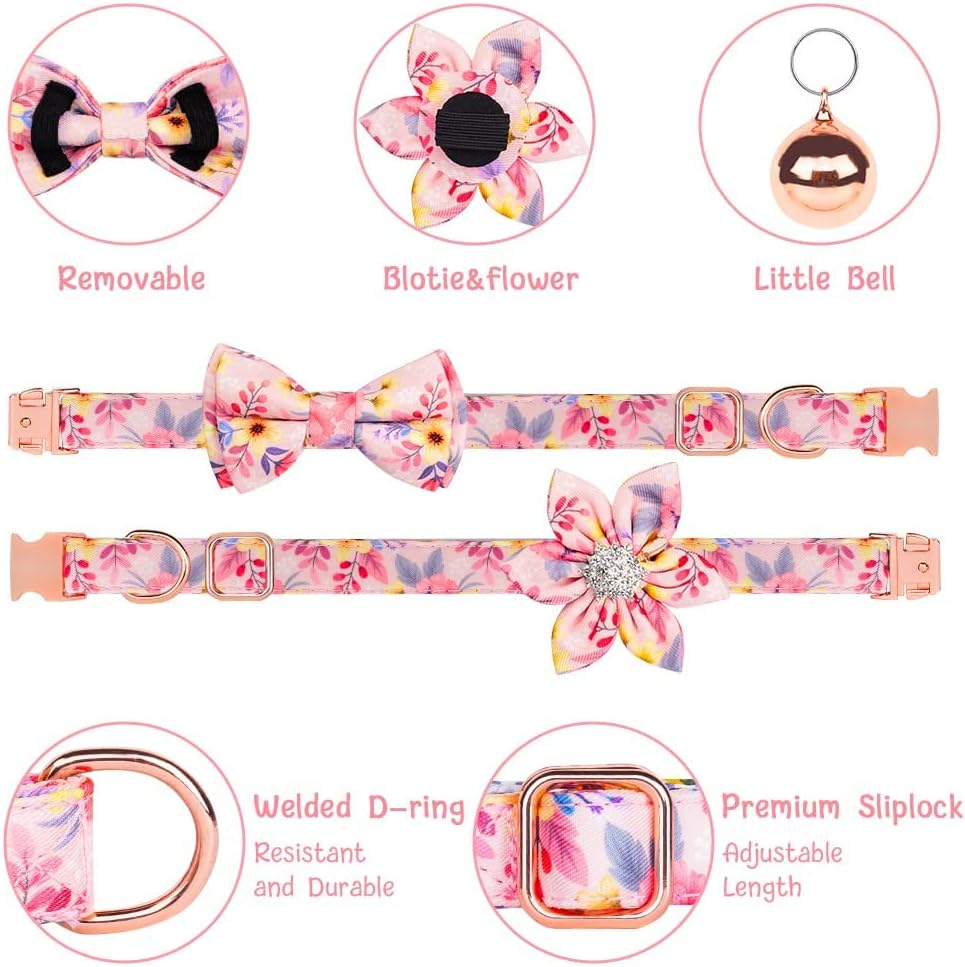 AUAUY Dog Collar and Leash Sets, Flower Girl Floral Pattern Engraved Pet Collars with Adjustable Strong Gold Buckle Collars with Beautiful Bowtie and Little Bell for Small Medium Large Dogs(Pink L) image number 5